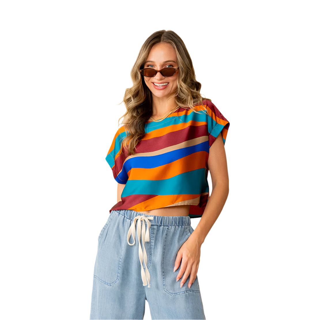 Women's Relaxed Fit Cap Sleeves Wavy Striped Satin Top ET6162-5313W