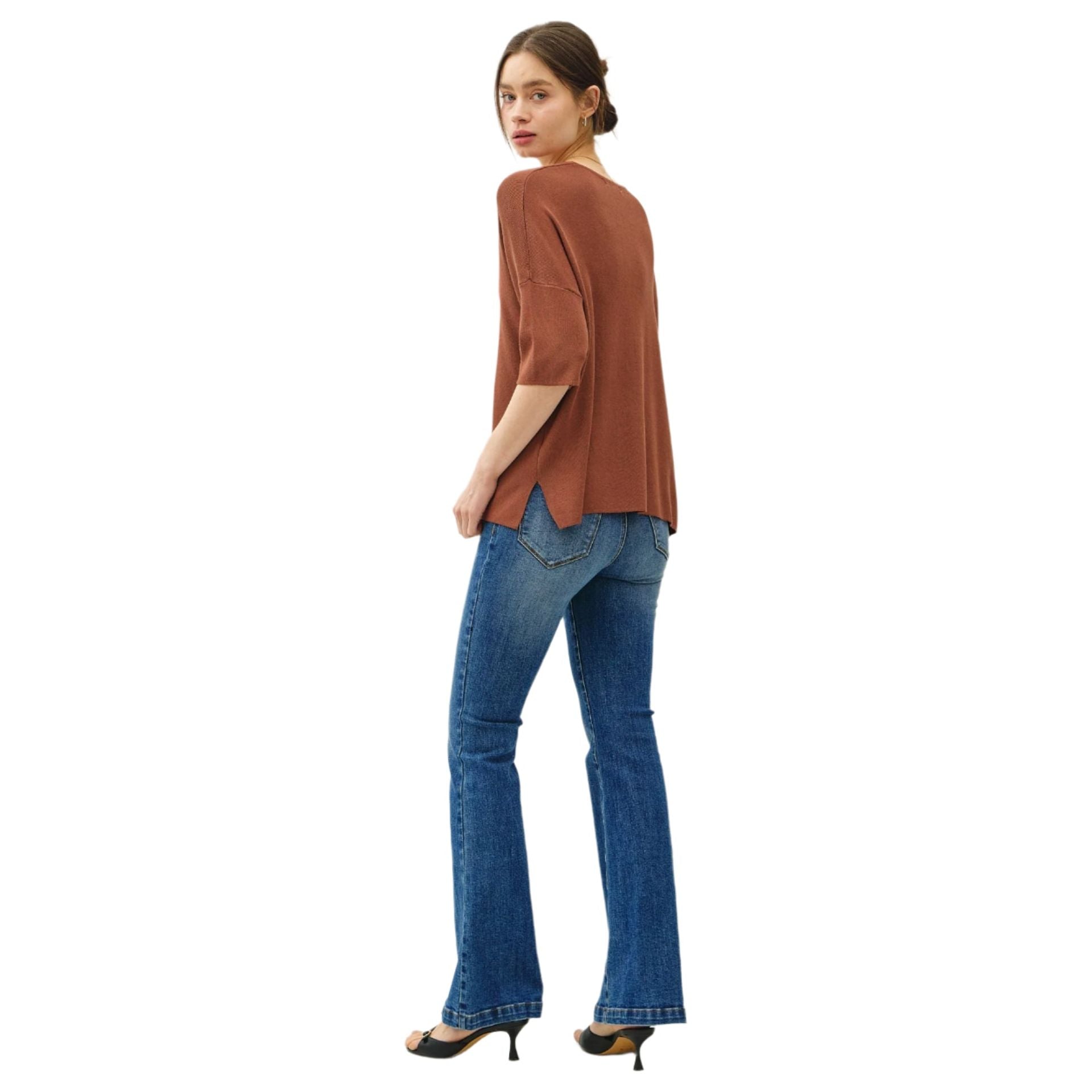 Women's V-neck Dropped Shoulder Half Sleeve Sweater 64360 - Crazy House Western Wear