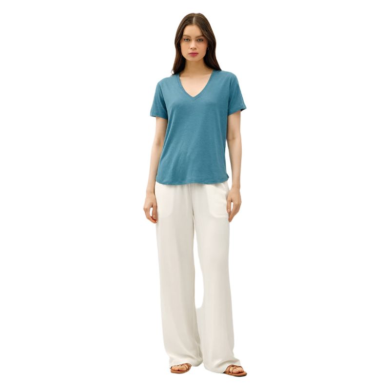 Women's Linen Basic V-Neck Short Sleeve T-shirt 19323 - Crazy House Western Wear