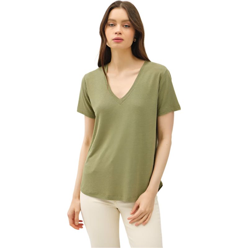Women's Linen Basic V-Neck Short Sleeve T-shirt 19323 - Crazy House Western Wear