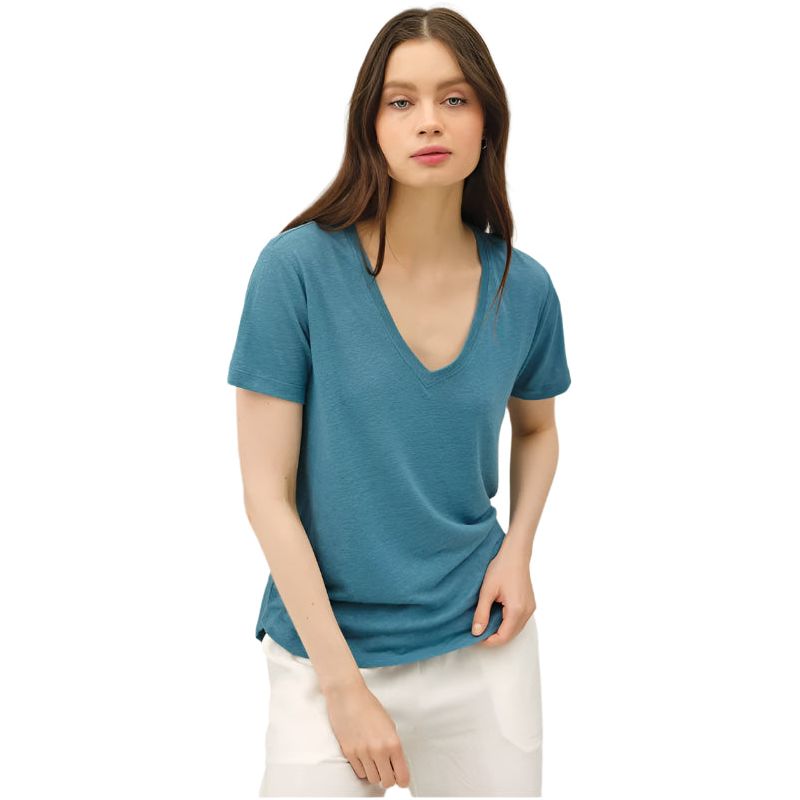 Women's Linen Basic V-Neck Short Sleeve T-shirt 19323 - Crazy House Western Wear