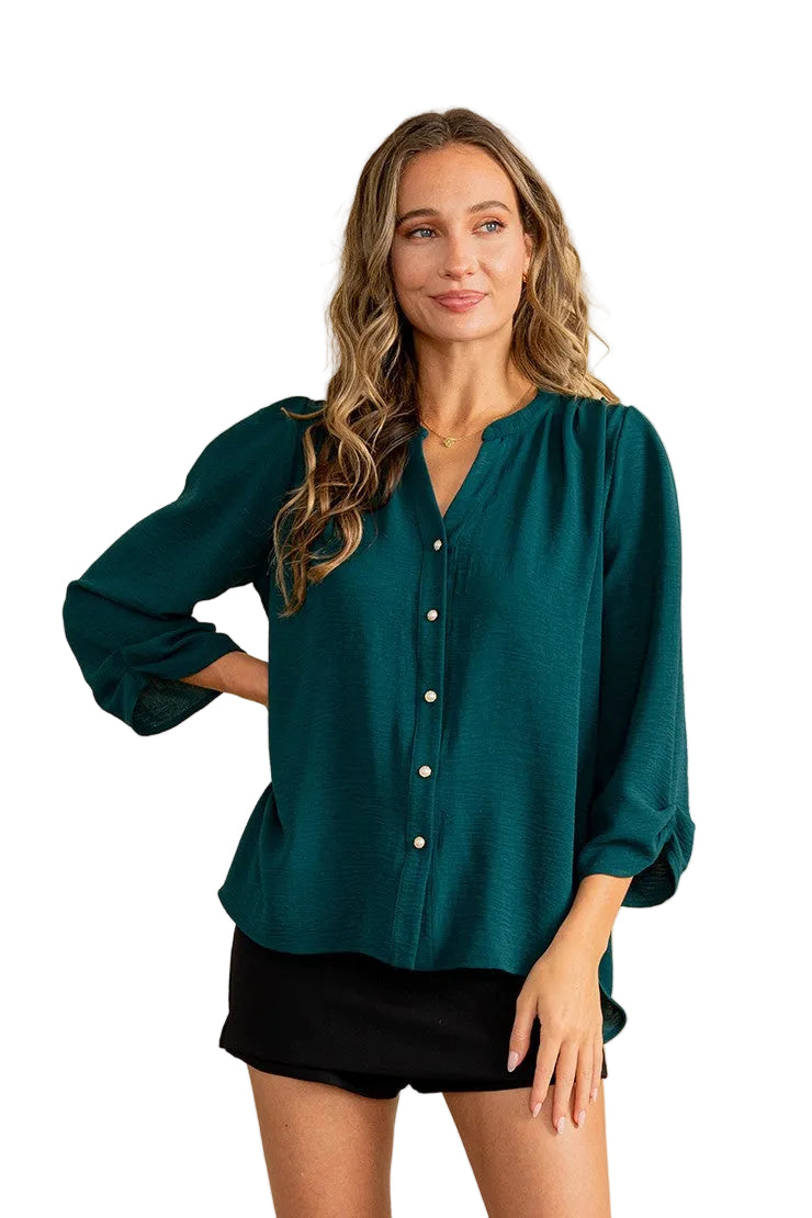 Women's Relaxed Fit Notch V Neck Button Down Blouse ET3764-AF