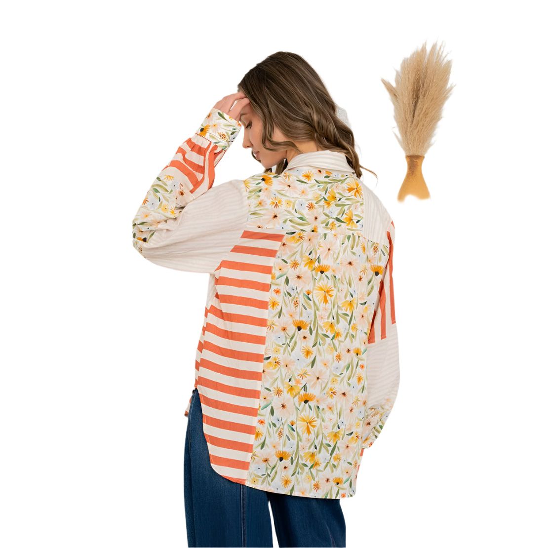 Women's Relaxed Fit Mixed Print Button Down Shirt ET6319