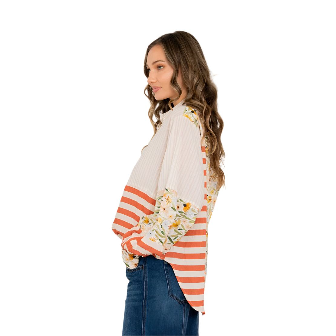 Women's Relaxed Fit Mixed Print Button Down Shirt ET6319