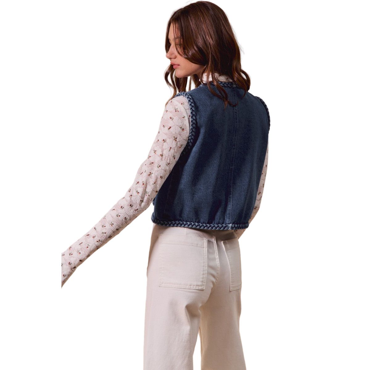 Women's Front Pockets Braided Trim Denim Vest ST3097E-01