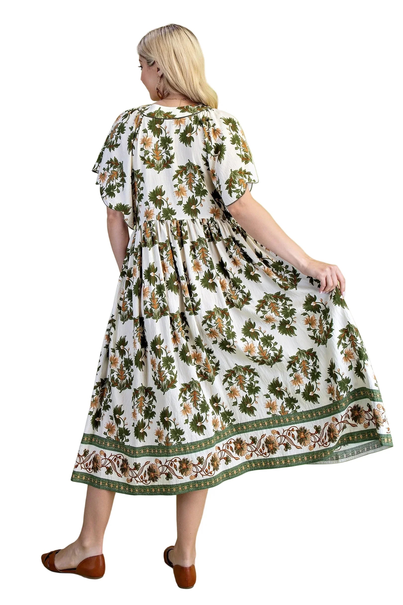 Women's Gigio Olive Floral Fall Printed V-neck Midi Dress TE1380