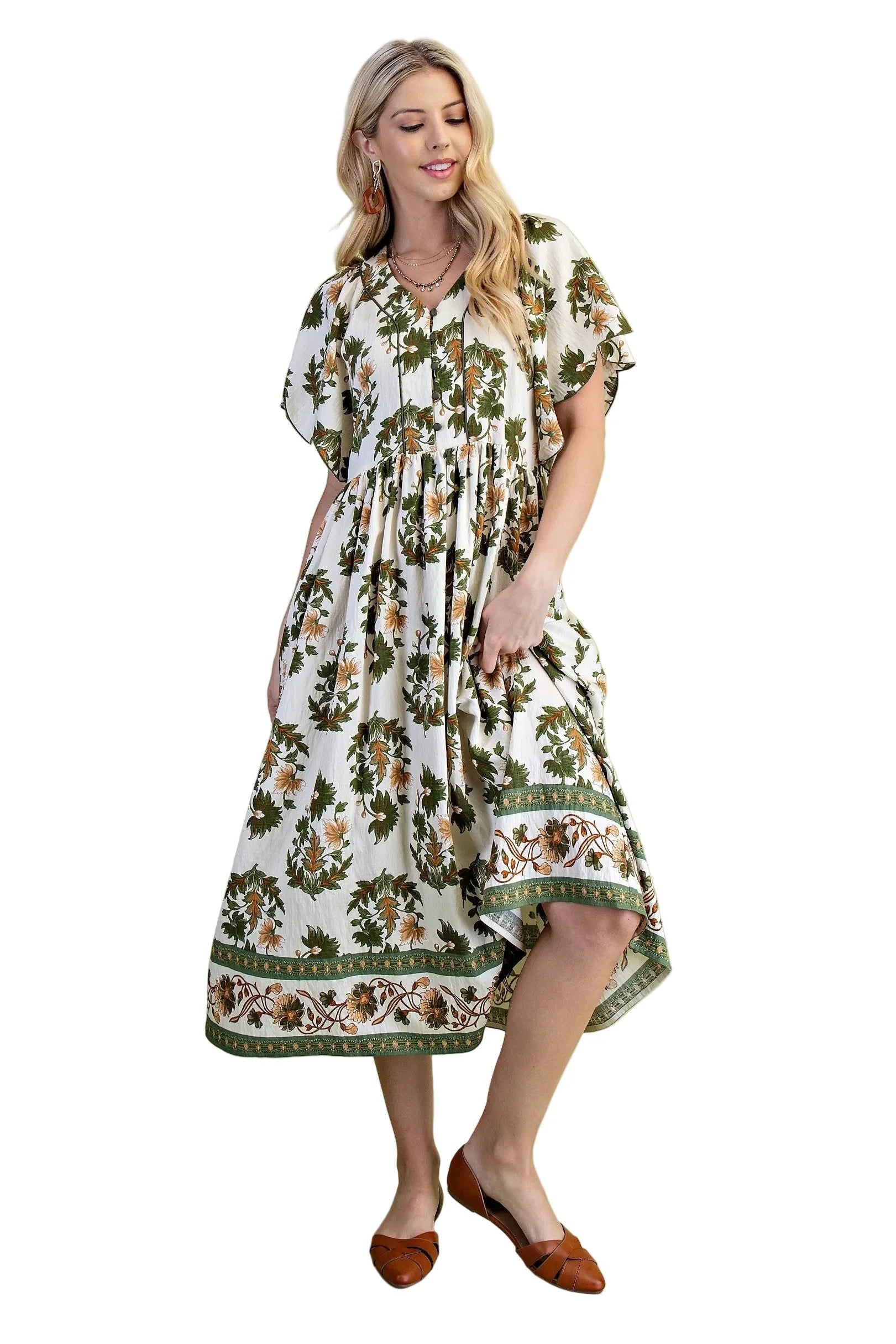 Women's Gigio Olive Floral Fall Printed V-neck Midi Dress TE1380