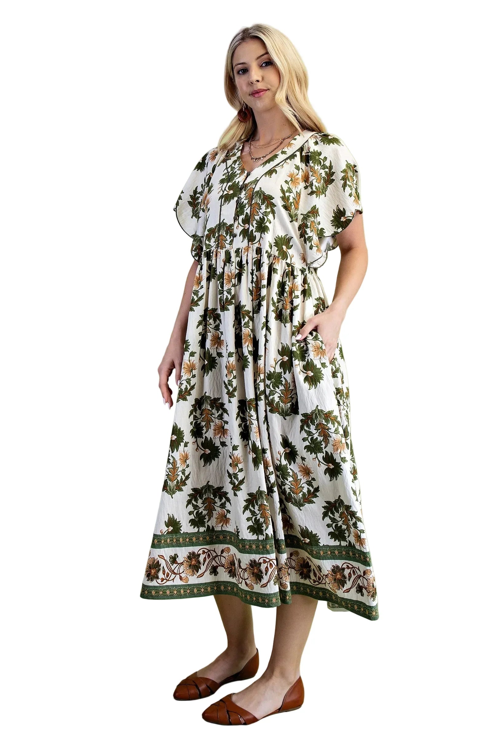 Women's Gigio Olive Floral Fall Printed V-neck Midi Dress TE1380