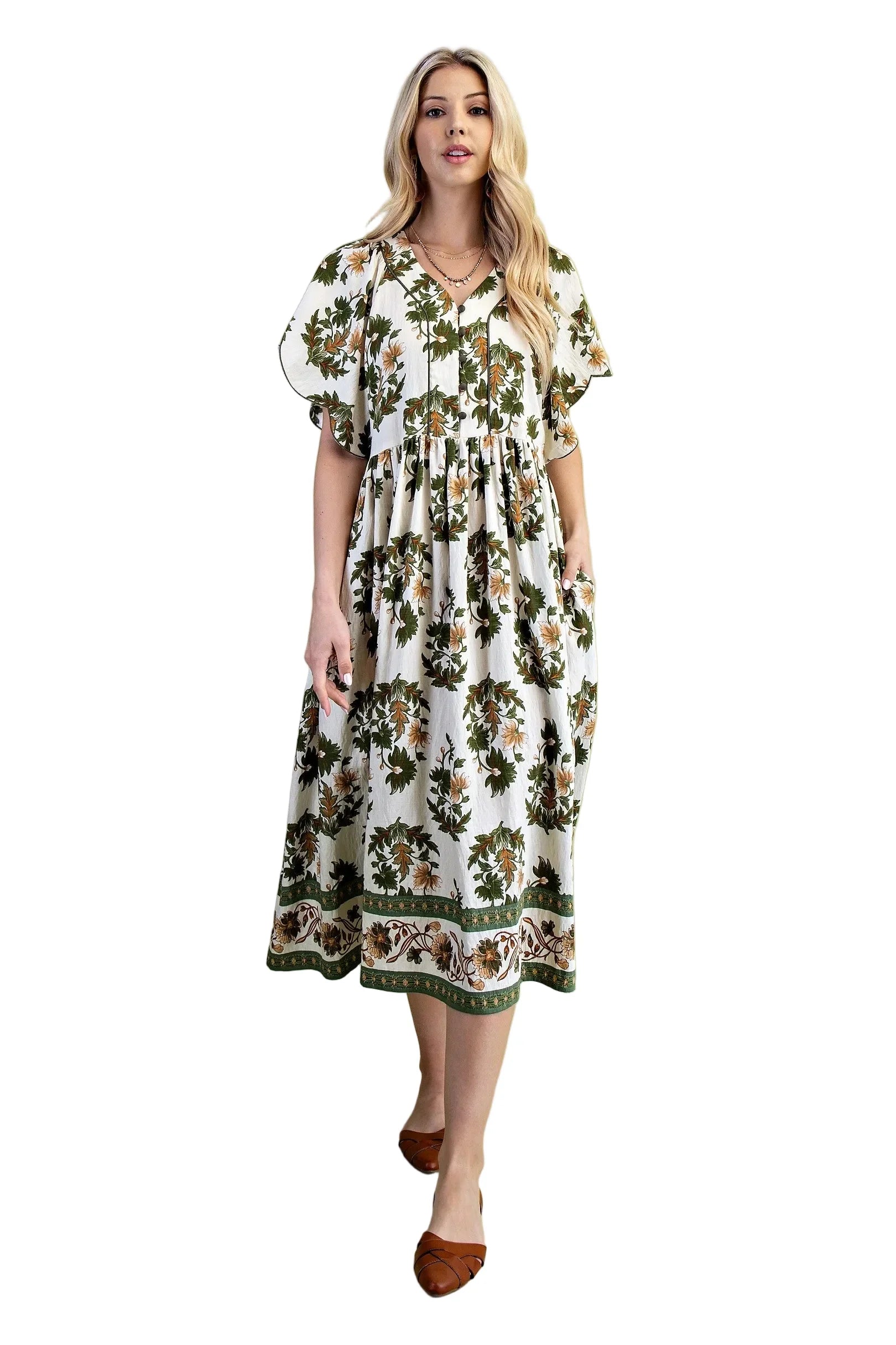 Women's Gigio Olive Floral Fall Printed V-neck Midi Dress TE1380