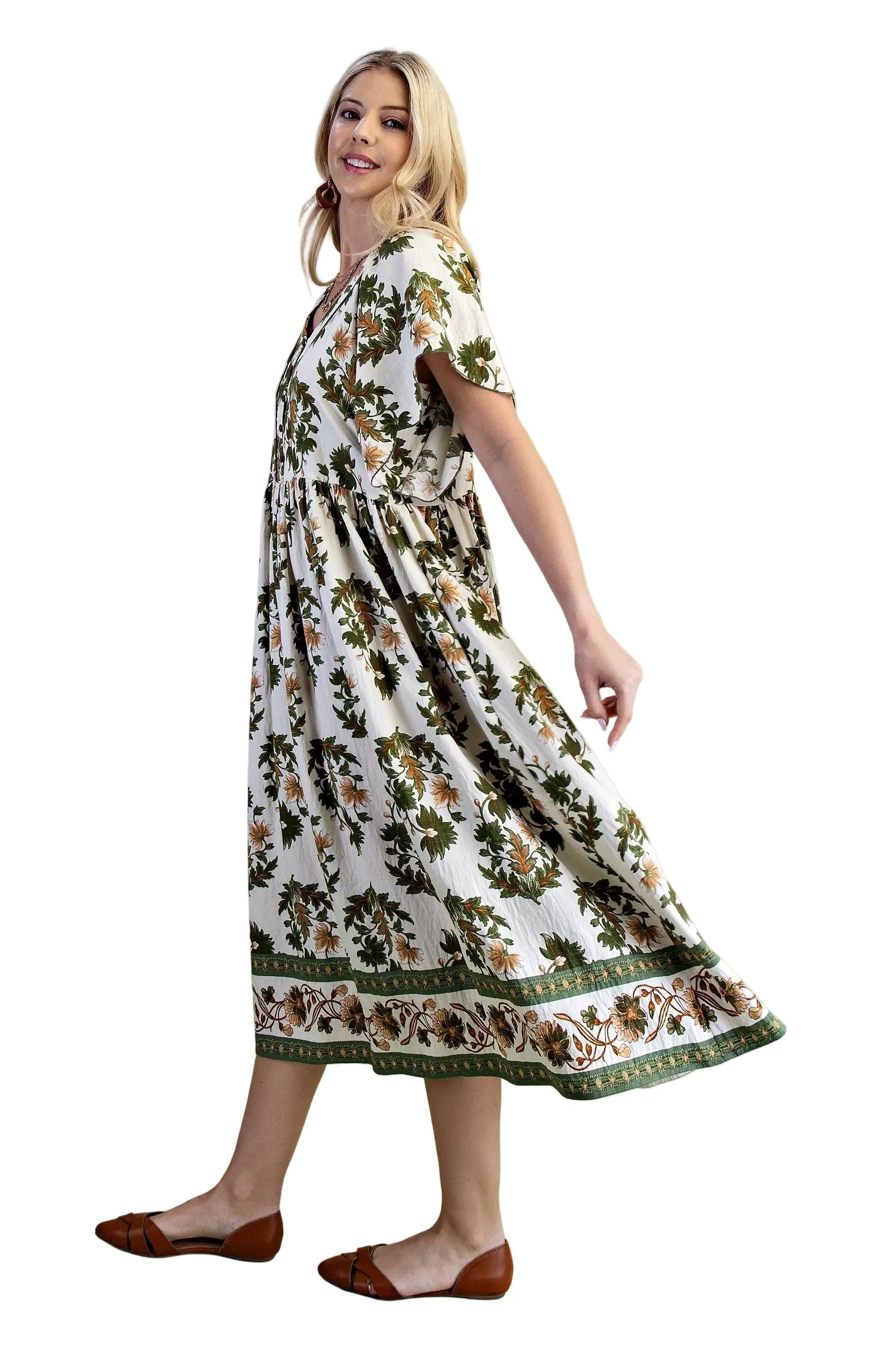 Women's Gigio Olive Floral Fall Printed V-neck Midi Dress TE1380