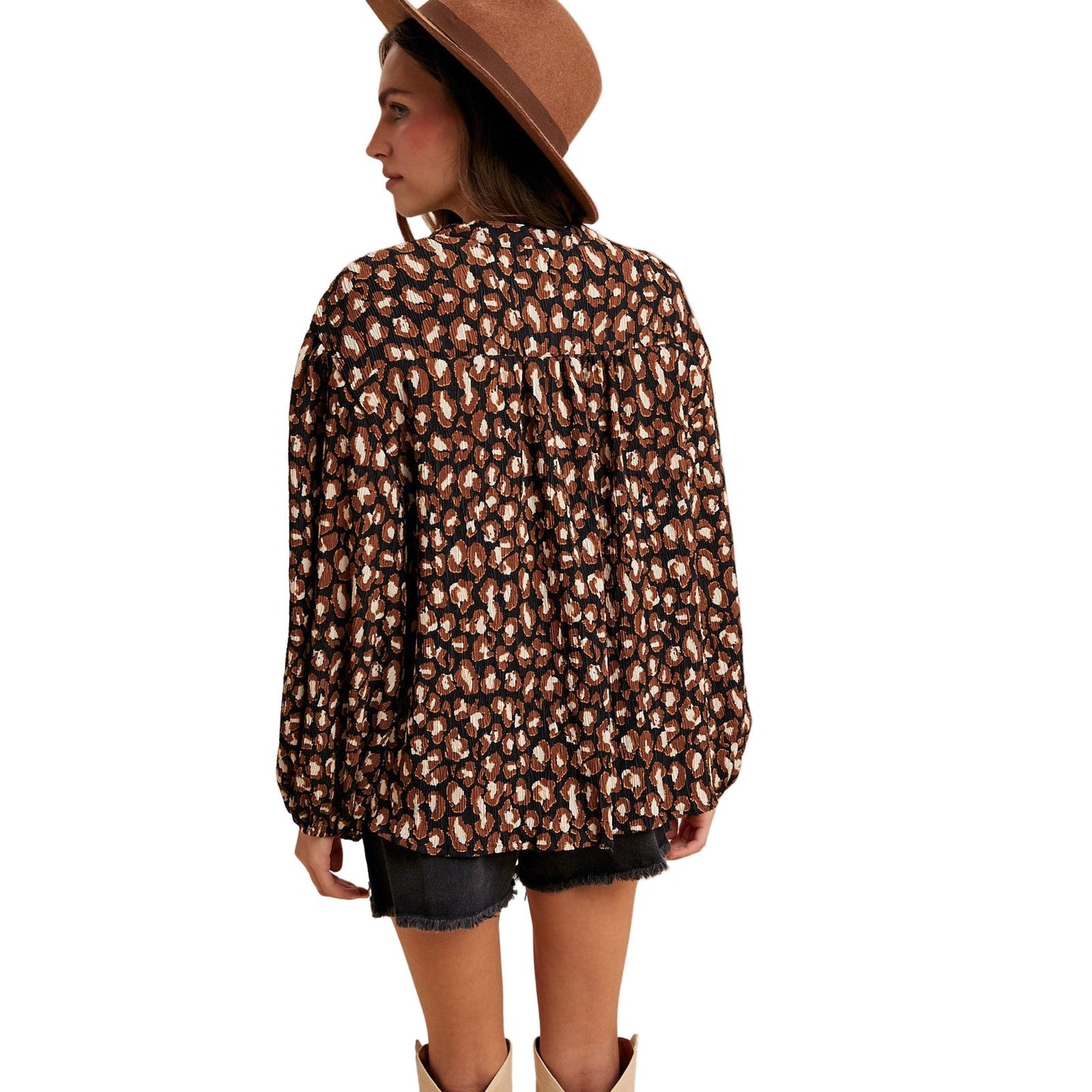 Women's Leopard Plisse Texture Notched Neck Tie Blouse AT3319