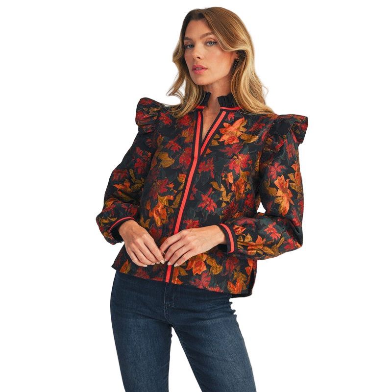 Women's Ruffle Detail Floral Jacquard Top