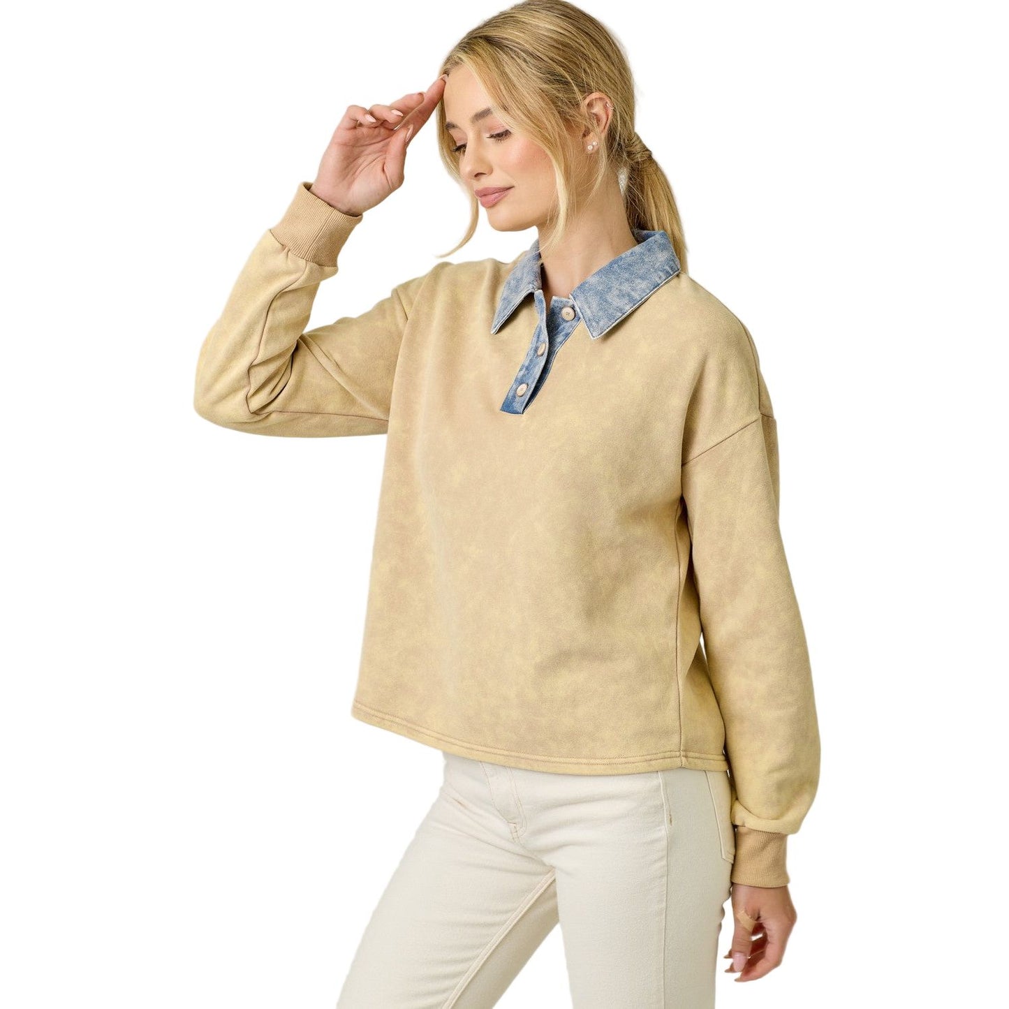 Women's Denim Collar Washed Polo Shirt 61239