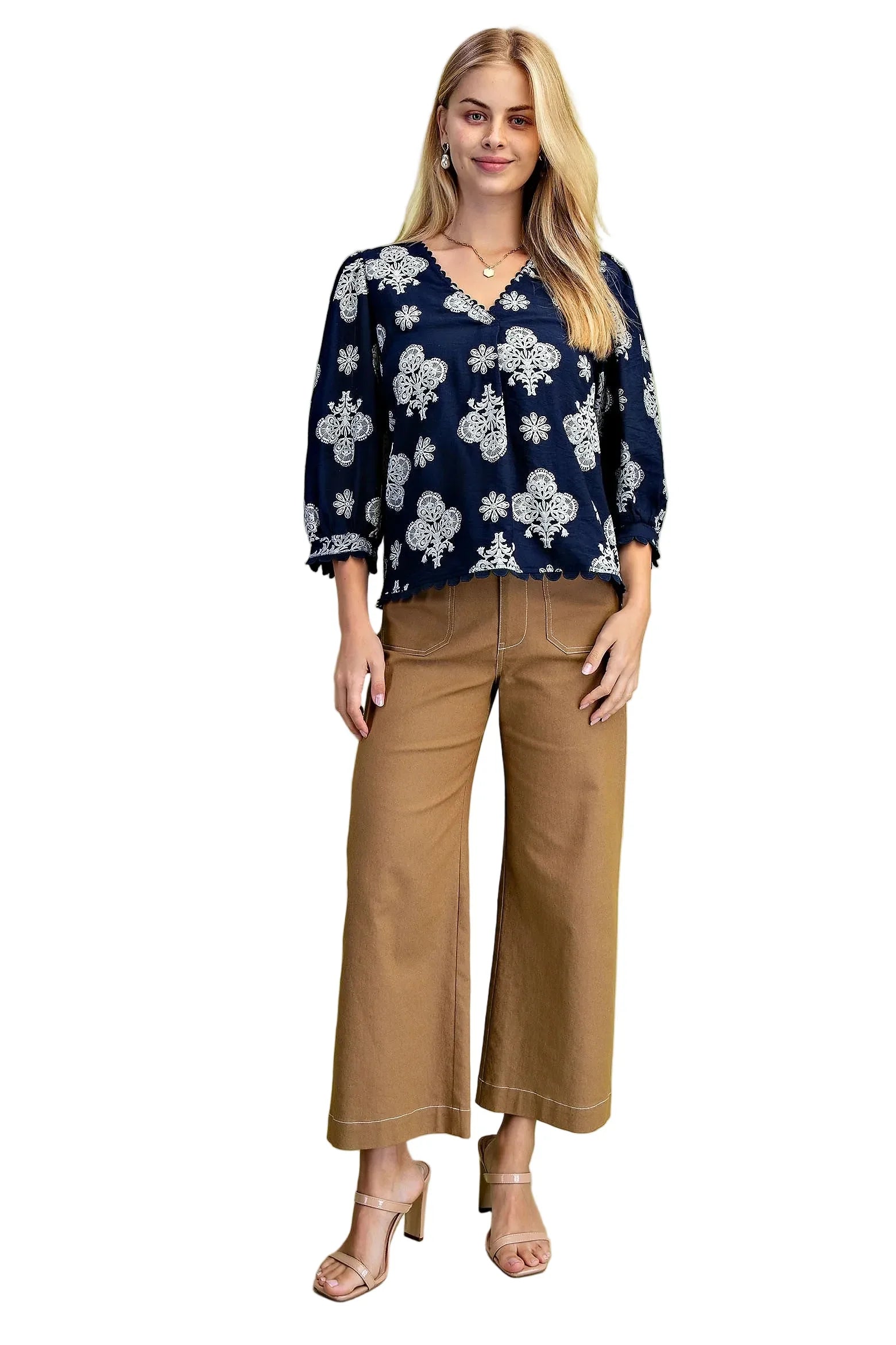 Women's Gigio Navy Mix Puff Printed V-neck Blouse TE1573