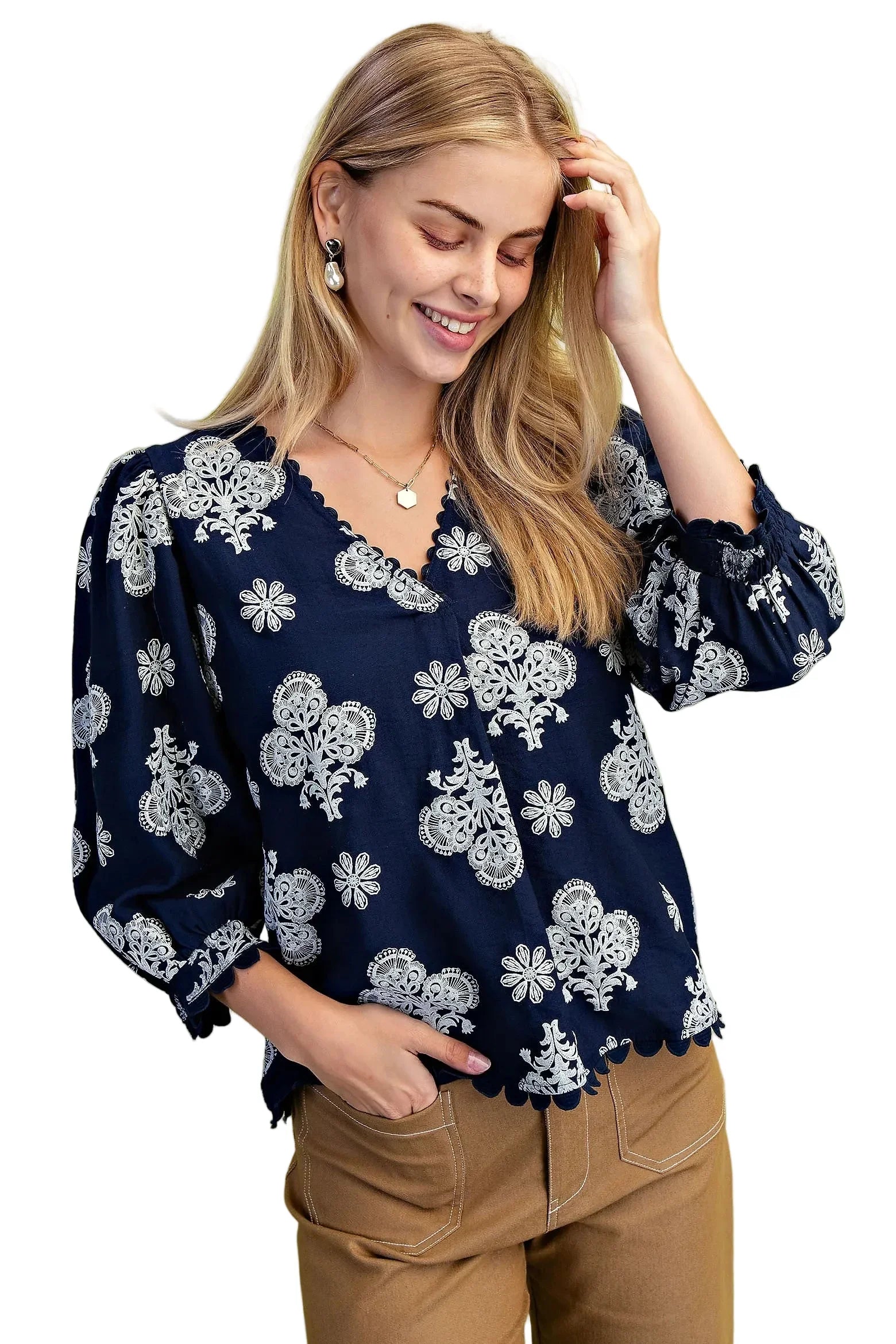 Women's Gigio Navy Mix Puff Printed V-neck Blouse TE1573