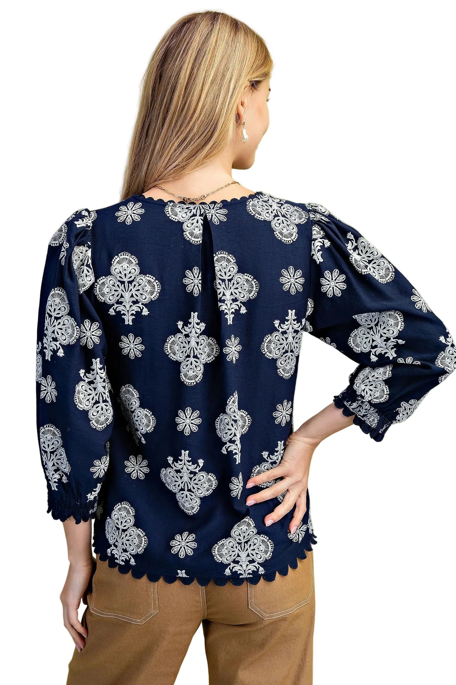 Women's Gigio Navy Mix Puff Printed V-neck Blouse TE1573
