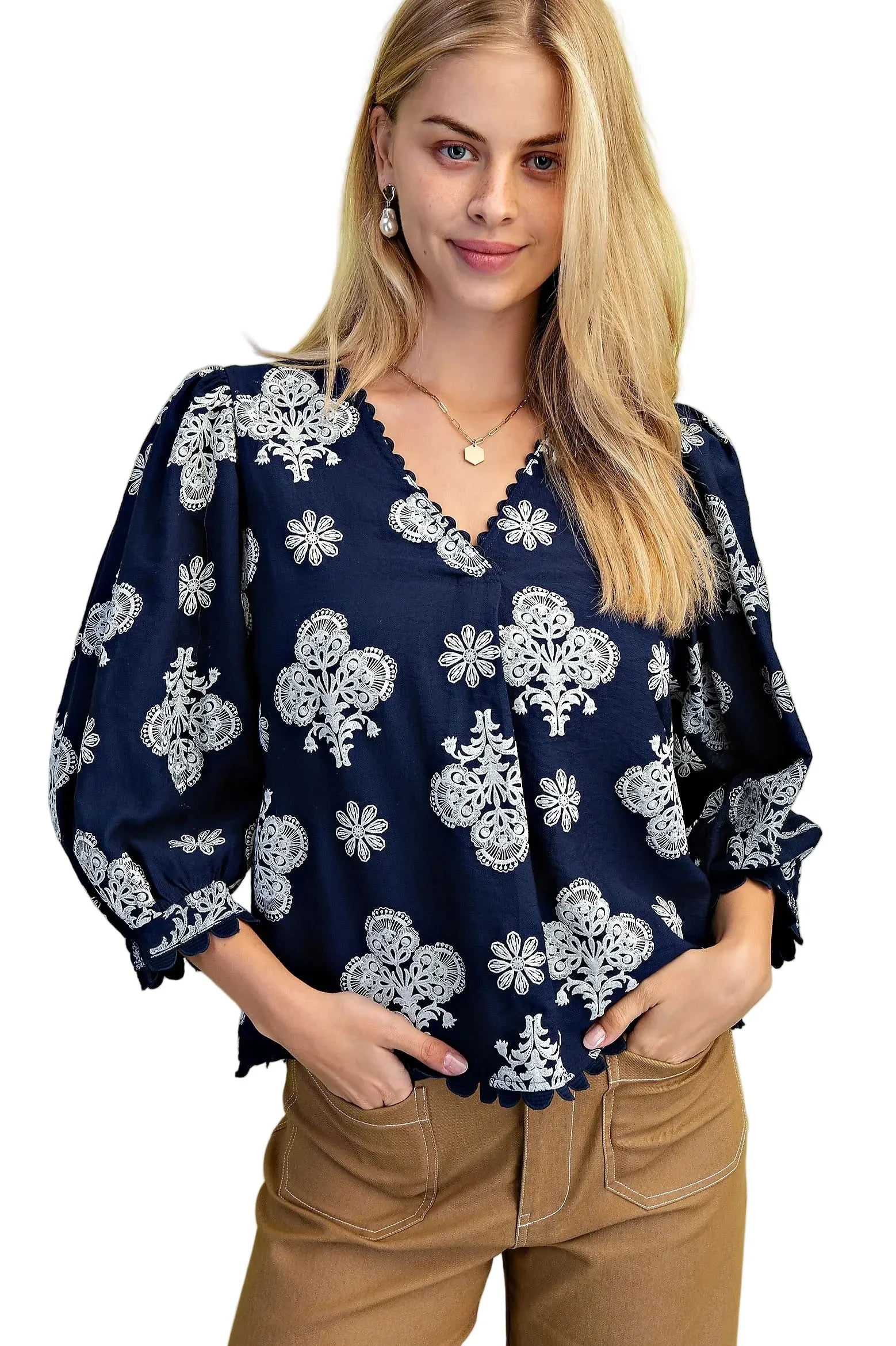 Women's Gigio Navy Mix Puff Printed V-neck Blouse TE1573