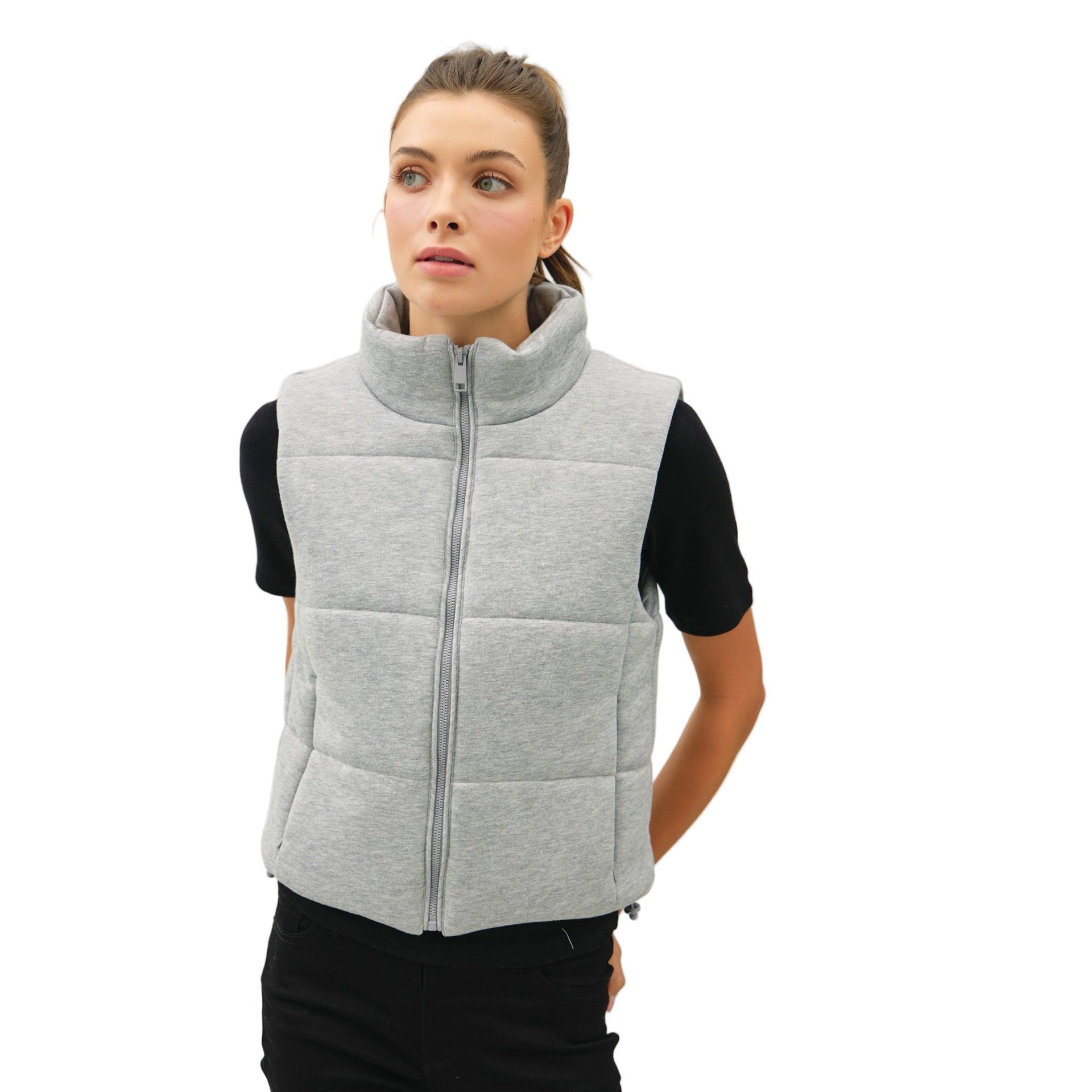 Women's Grey Classic Puffer Zip Up Vest With High Neck
