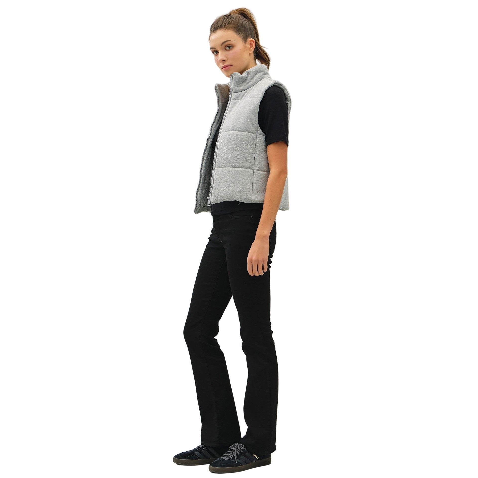 Women's Grey Classic Puffer Zip Up Vest With High Neck