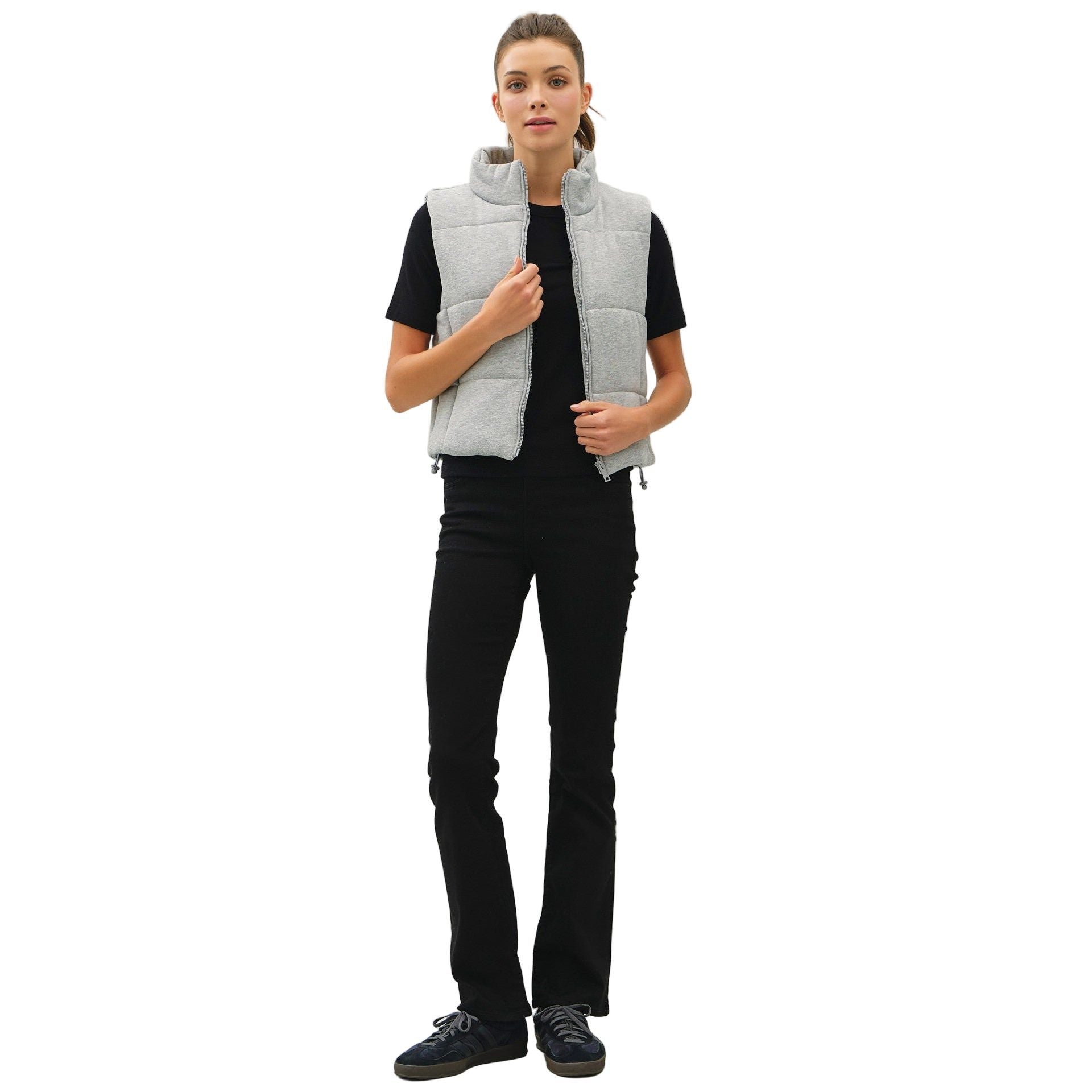 Women's Grey Classic Puffer Zip Up Vest With High Neck