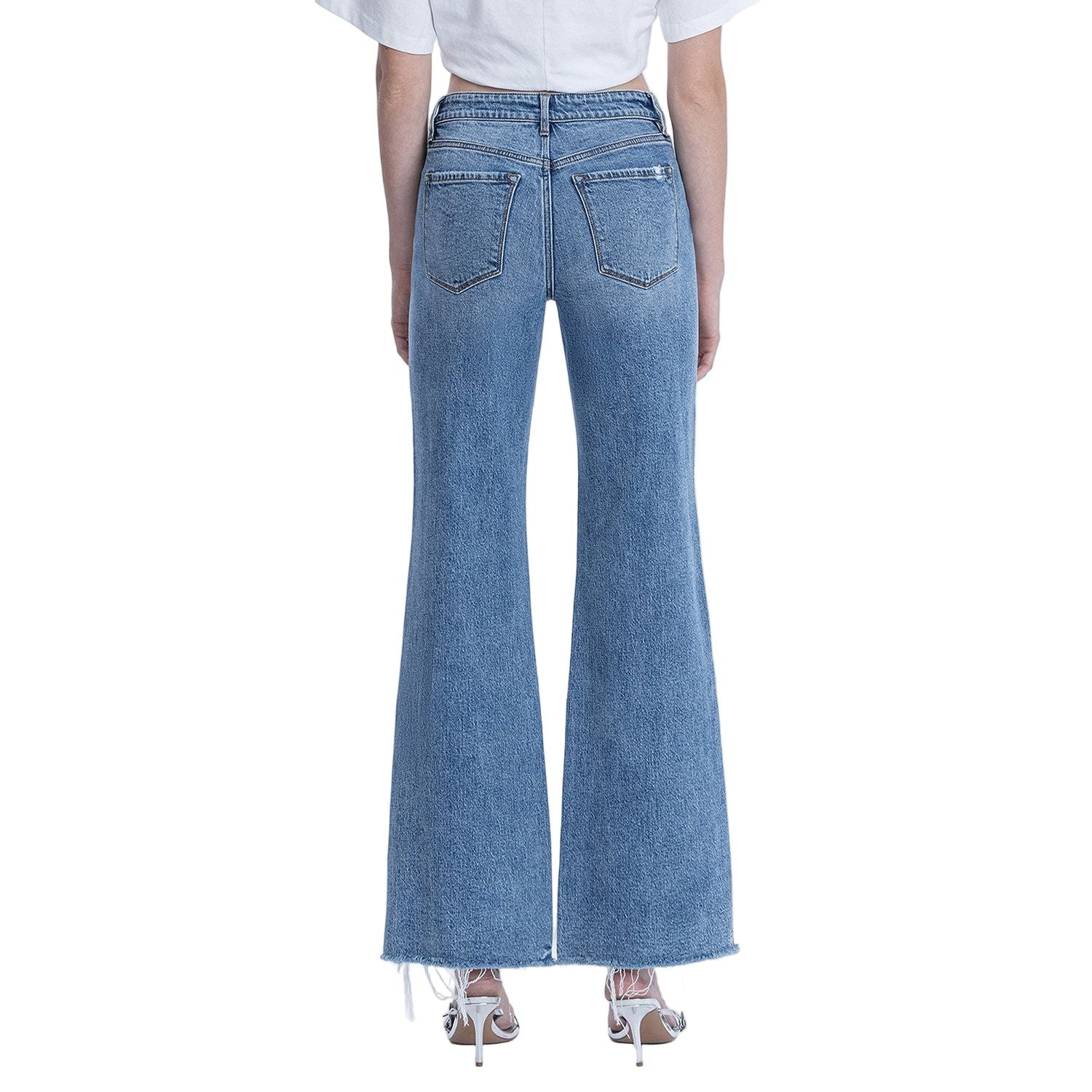 Women's High Rise Distressed Slit Hem Vintage Flare Jeans F9071