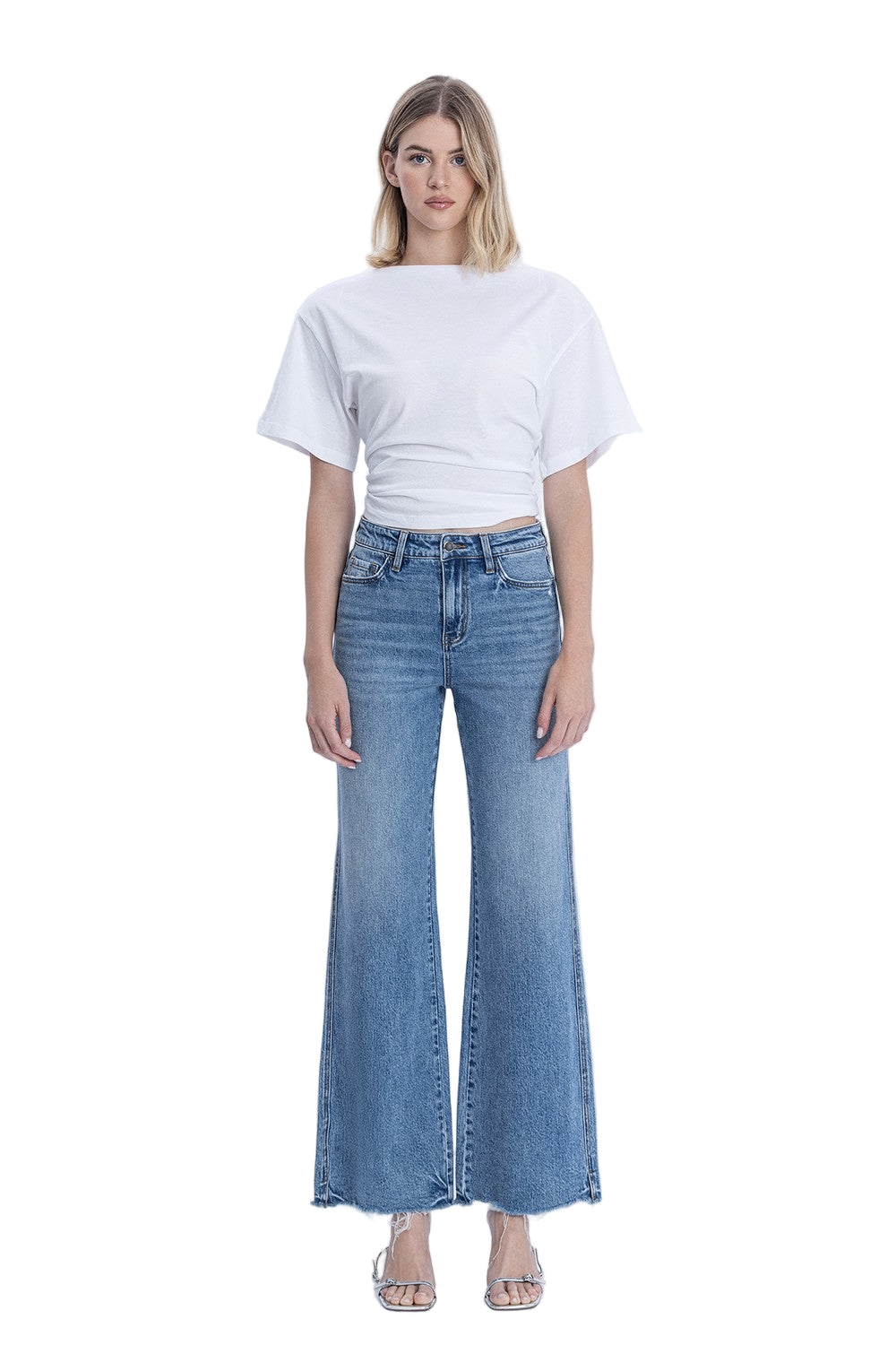 Women's High Rise Distressed Slit Hem Vintage Flare Jeans F9071