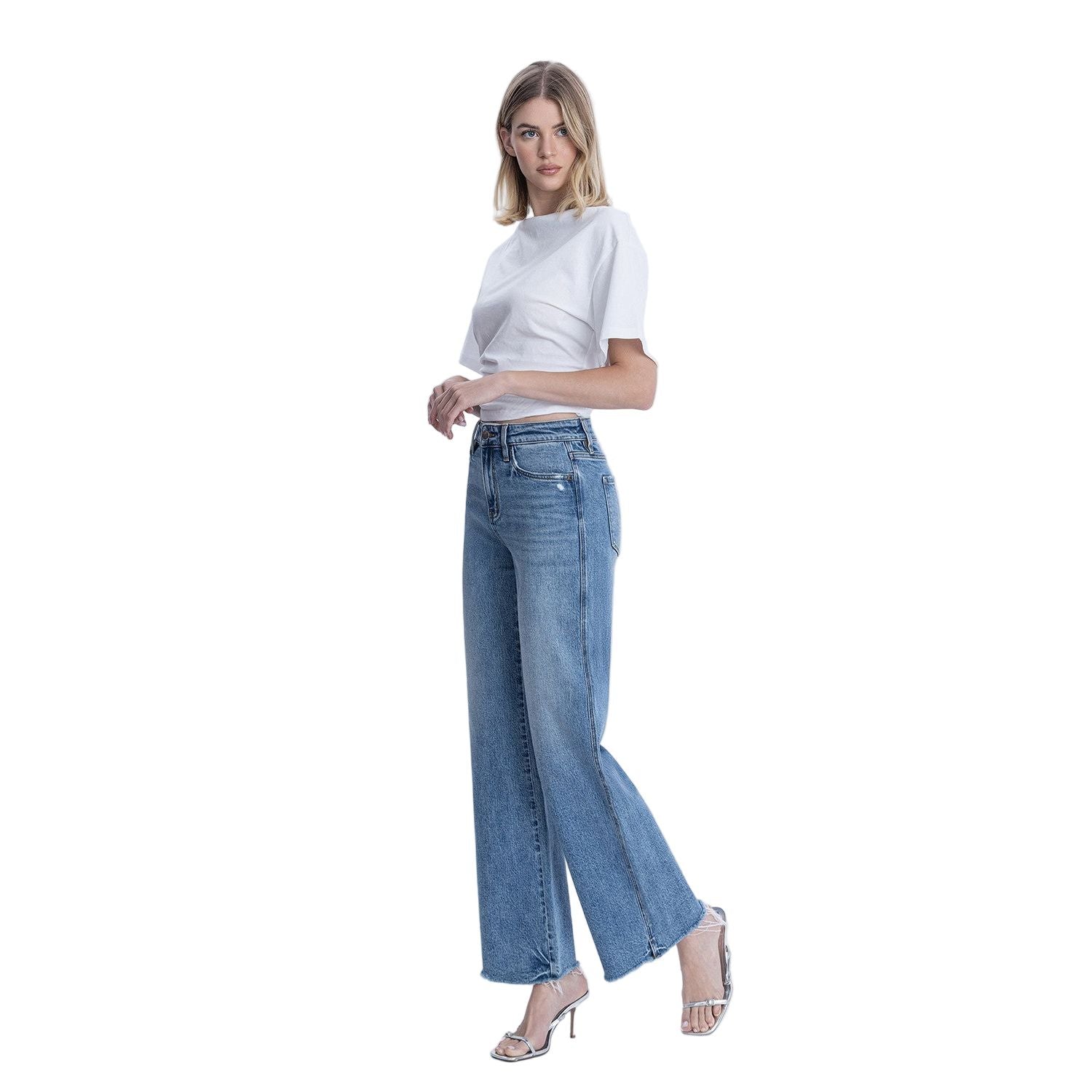 Women's High Rise Distressed Slit Hem Vintage Flare Jeans F9071