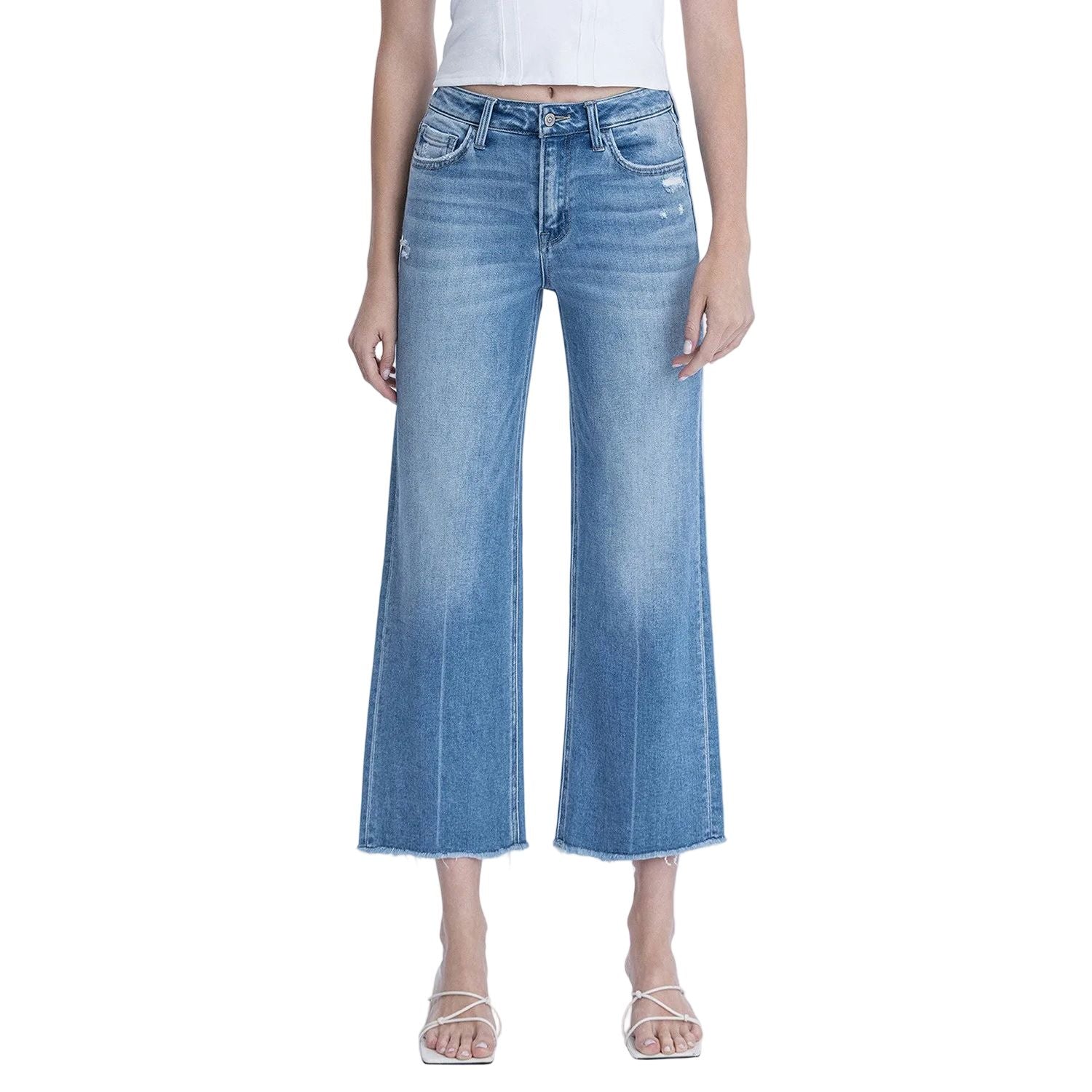 Women's Flying Monkey High Rise Raw Hem Crop Slim Wide Leg Jeans F6046