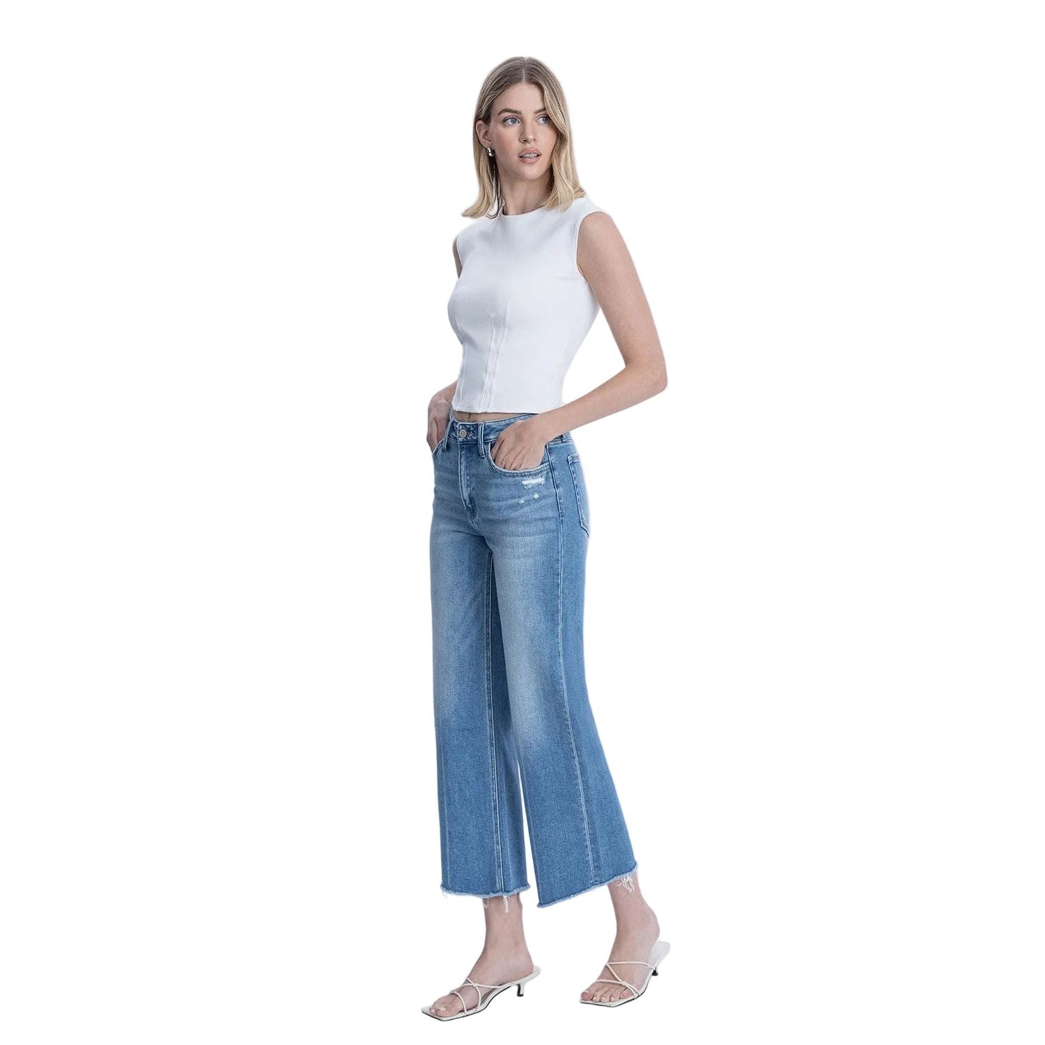 Women's Flying Monkey High Rise Raw Hem Crop Slim Wide Leg Jeans F6046