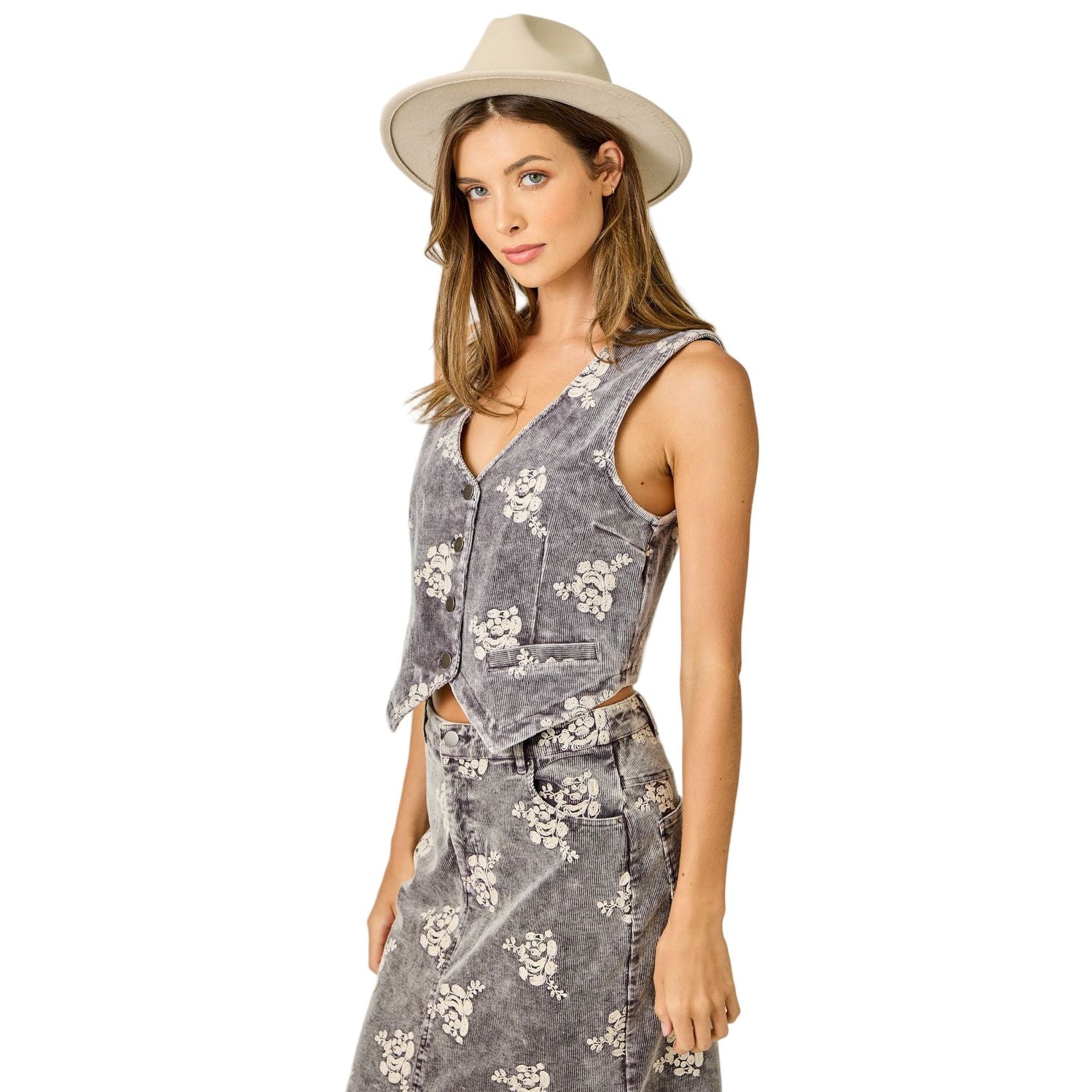 Women's Black Washed Embroidered Corduroy Vest