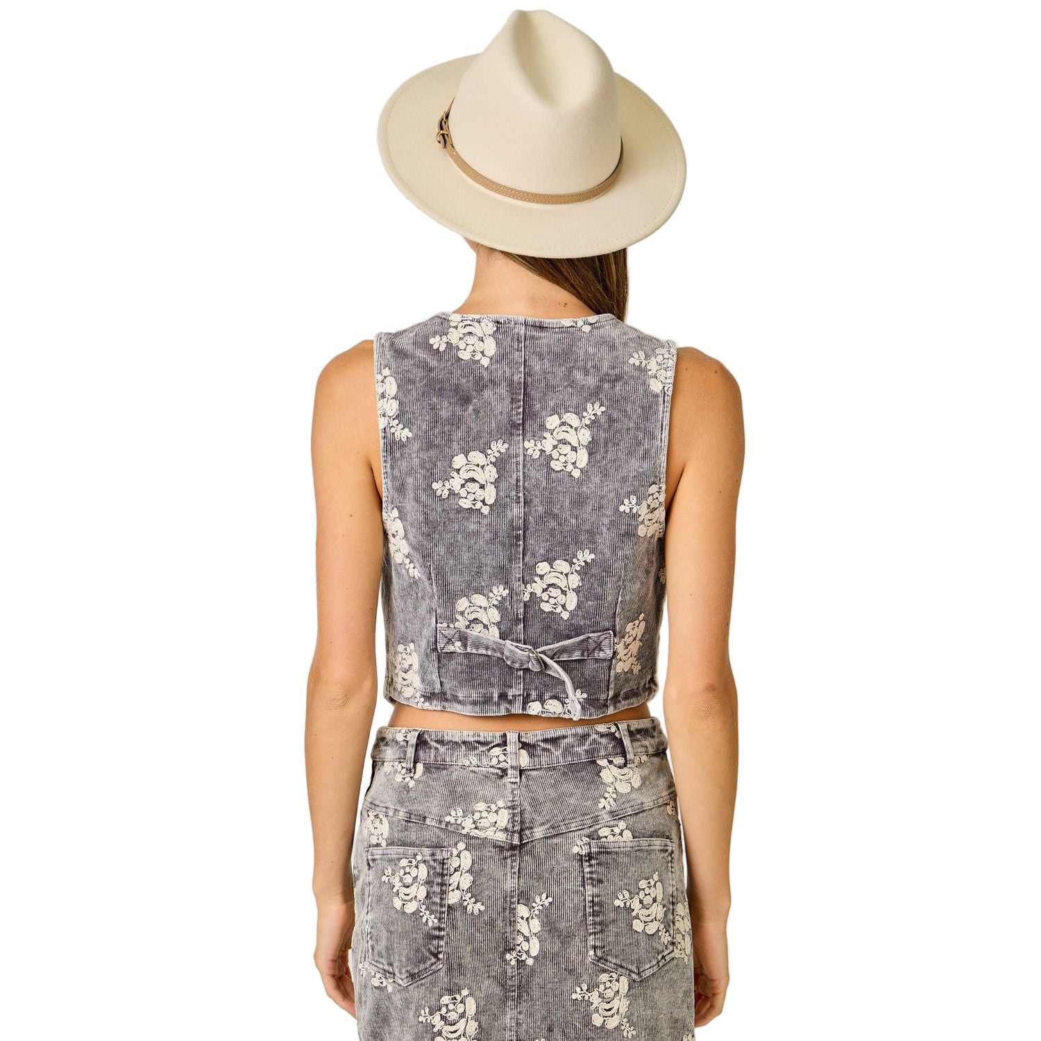 Women's Black Washed Embroidered Corduroy Vest