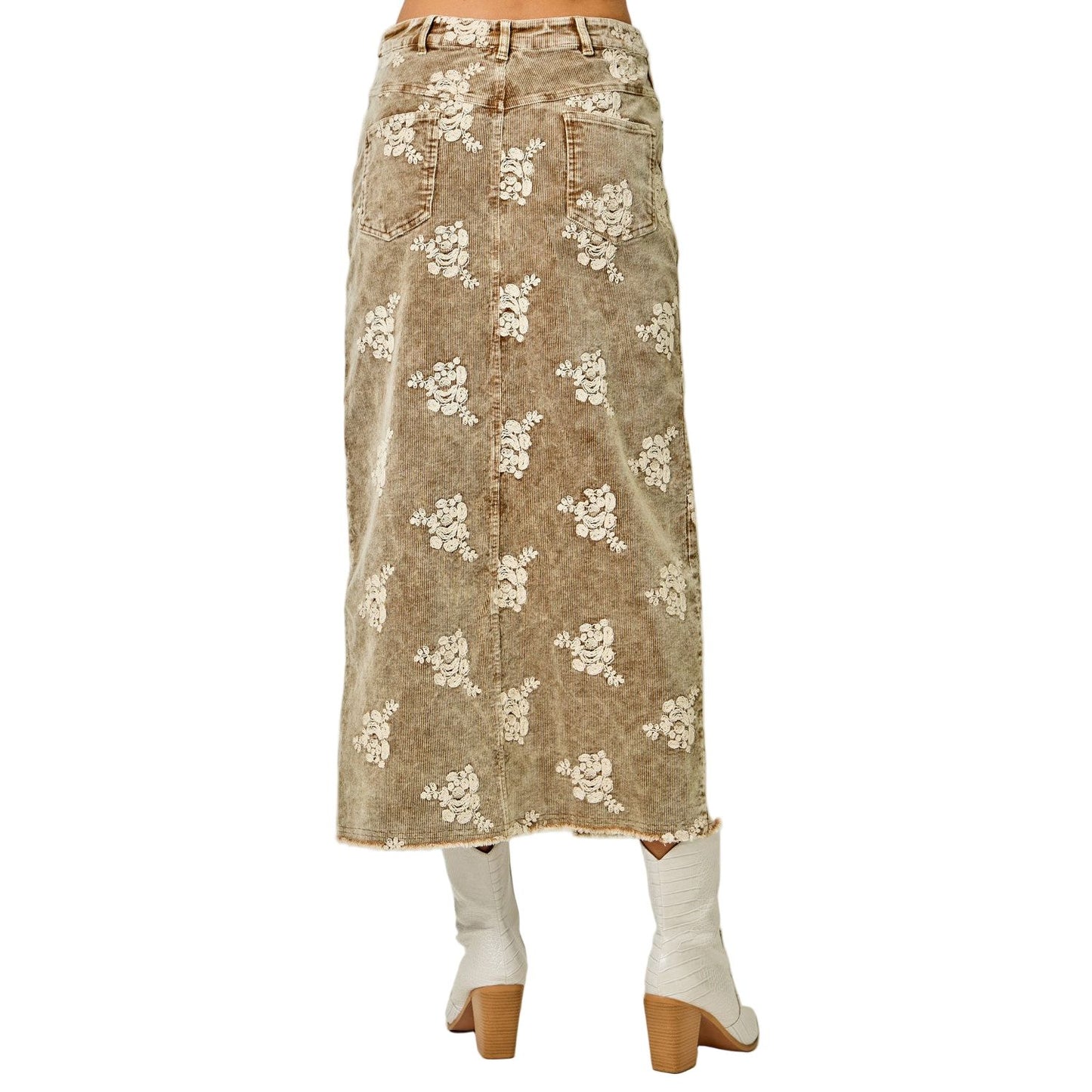 Women's Embroidered Front Slit Corduroy Skirt 61145