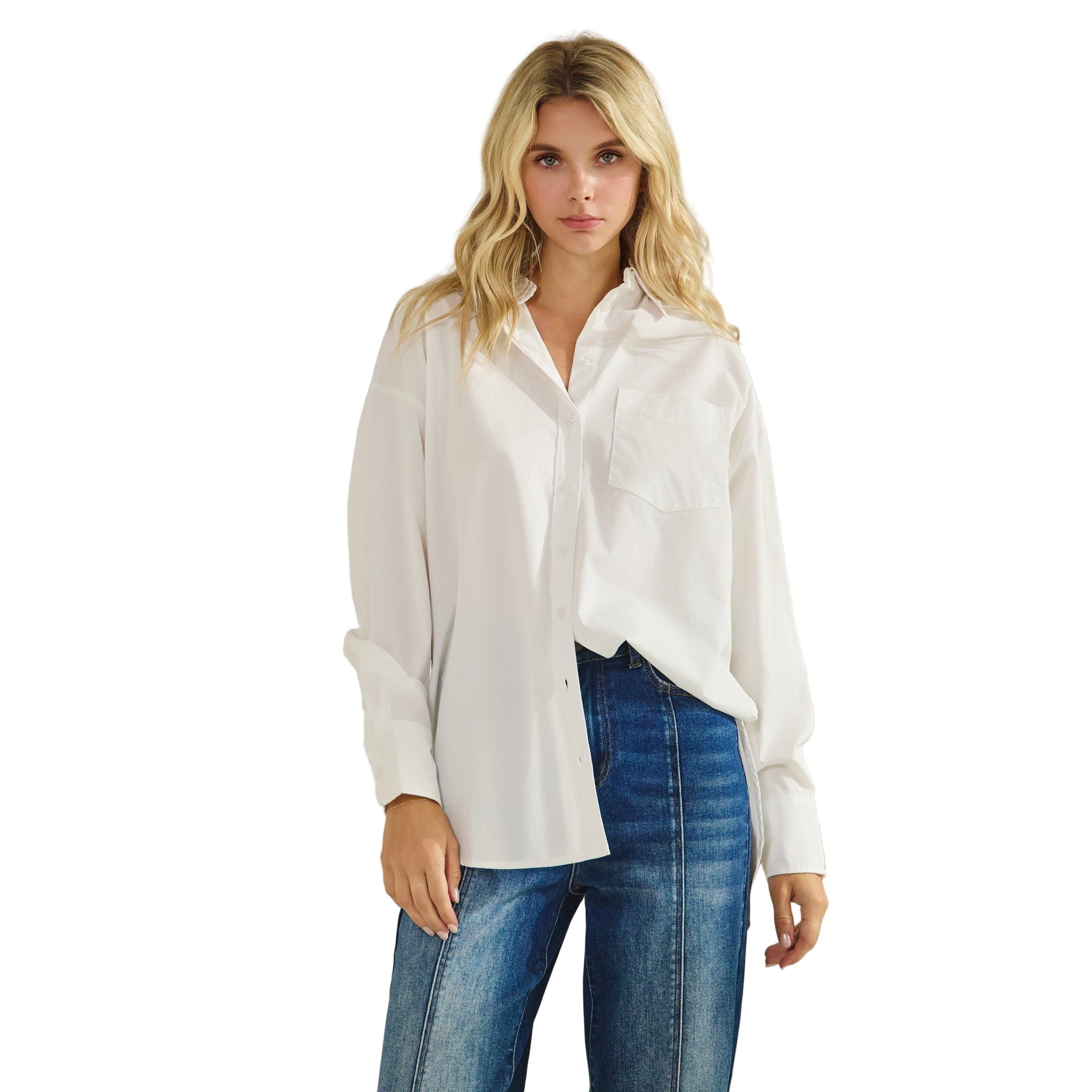 Women's Button Down High-low And Slide Slits Cotton Shirt