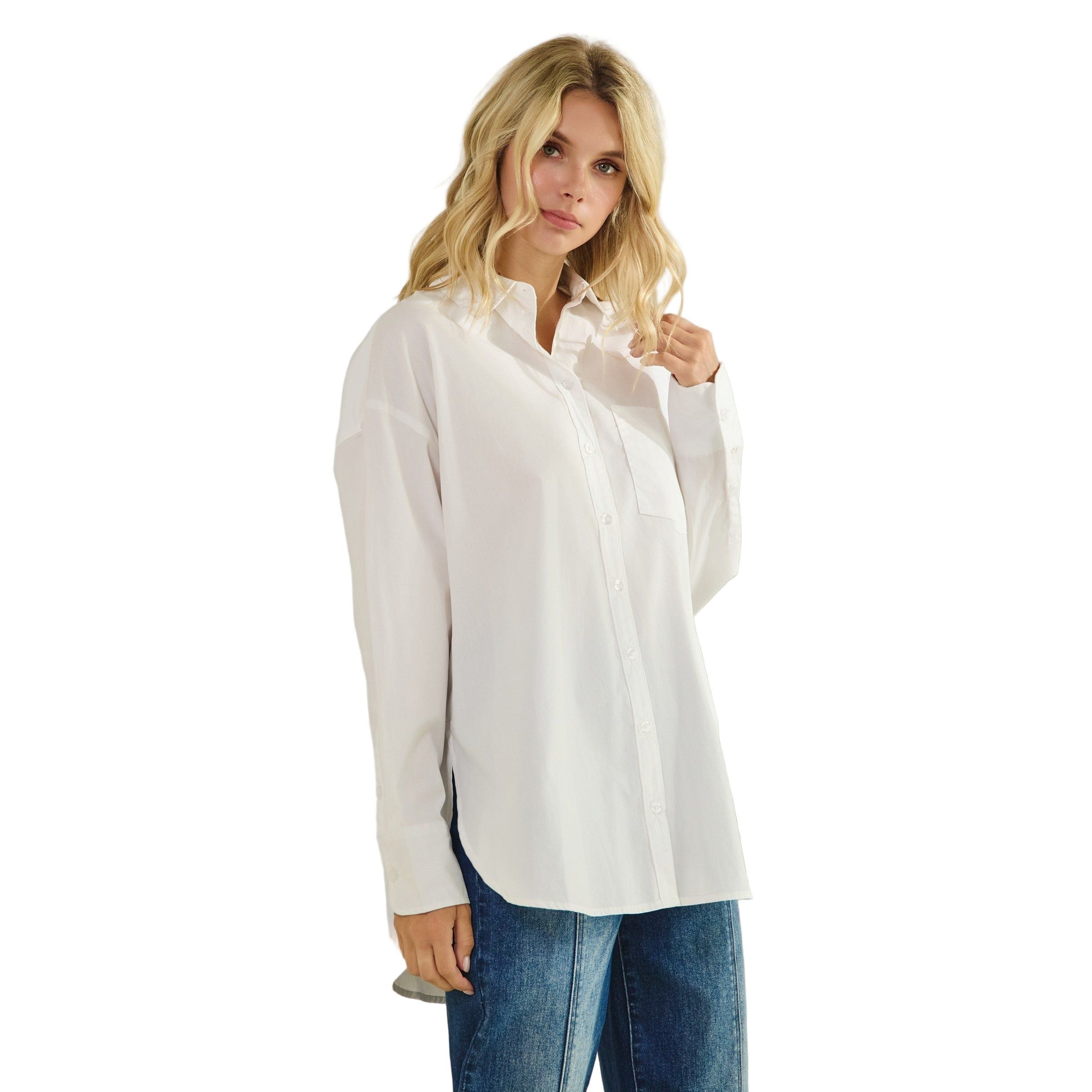Women's Button Down High-low And Slide Slits Cotton Shirt