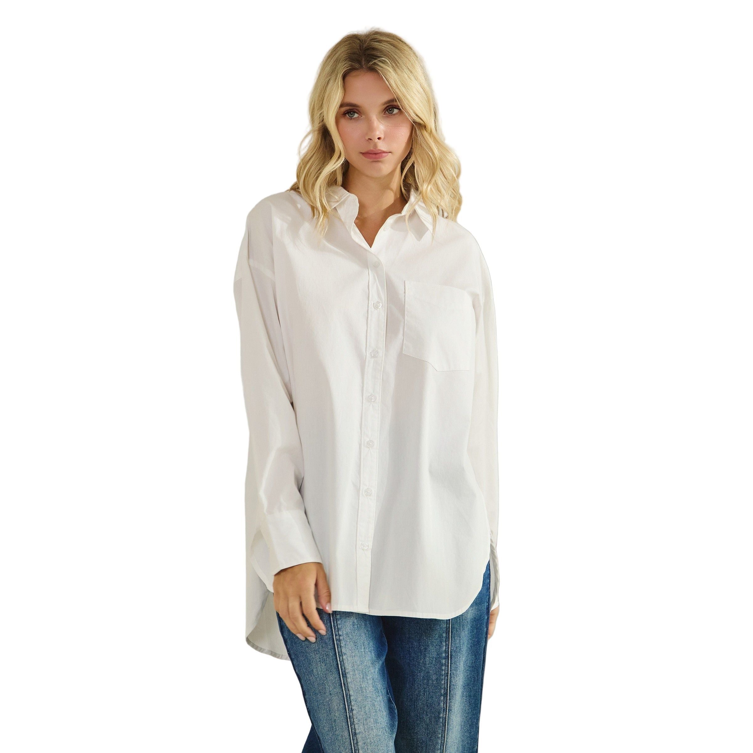 Women's Button Down High-low And Slide Slits Cotton Shirt
