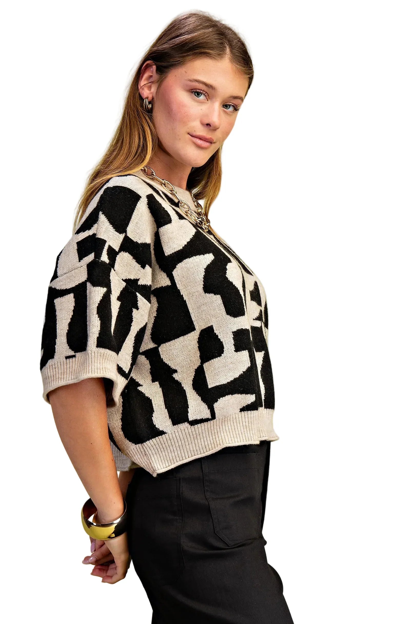 Women's Gigio Black and Cream Short Sleeve Geometric Print Sweater TE1446