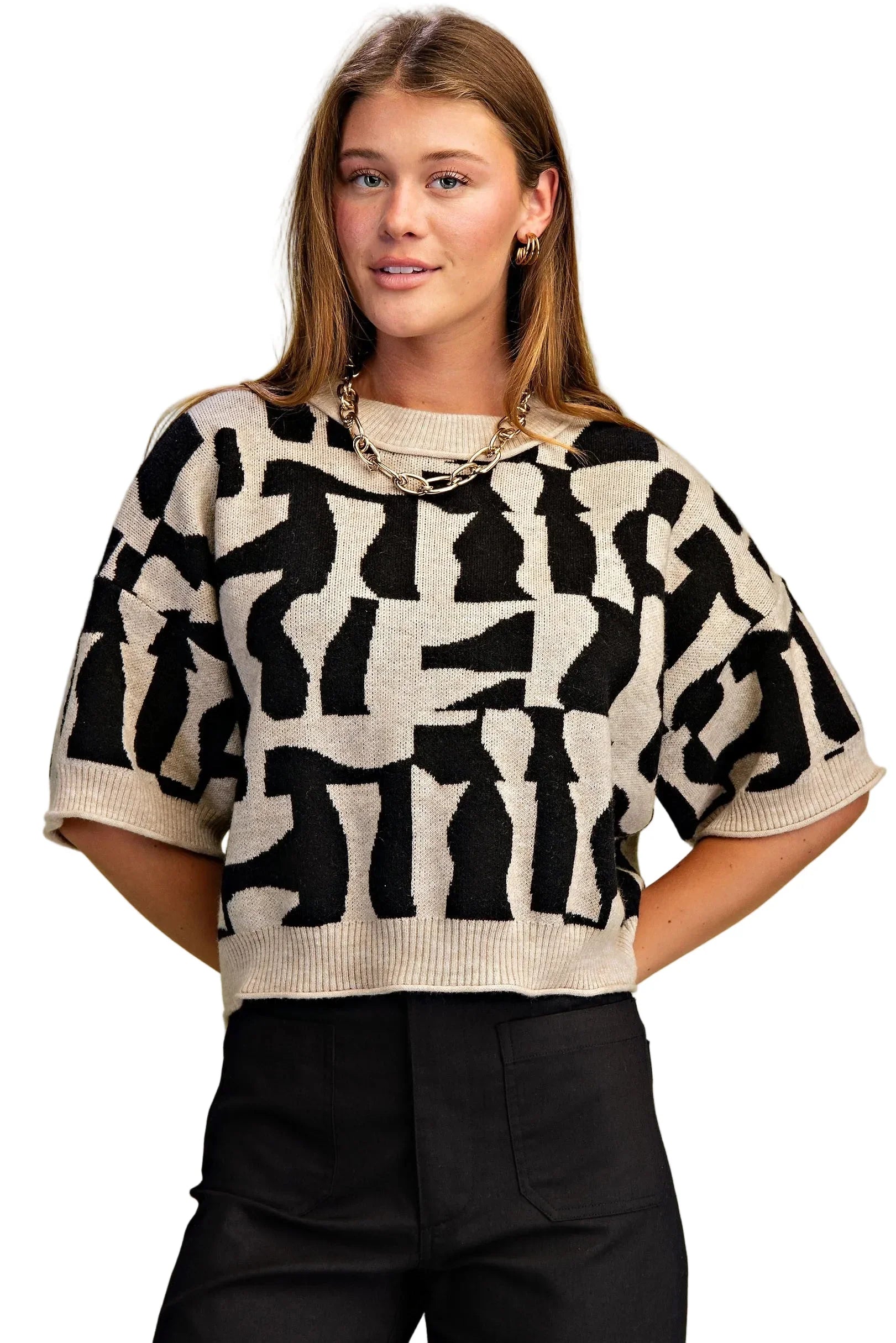Women's Gigio Black and Cream Short Sleeve Geometric Print Sweater TE1446