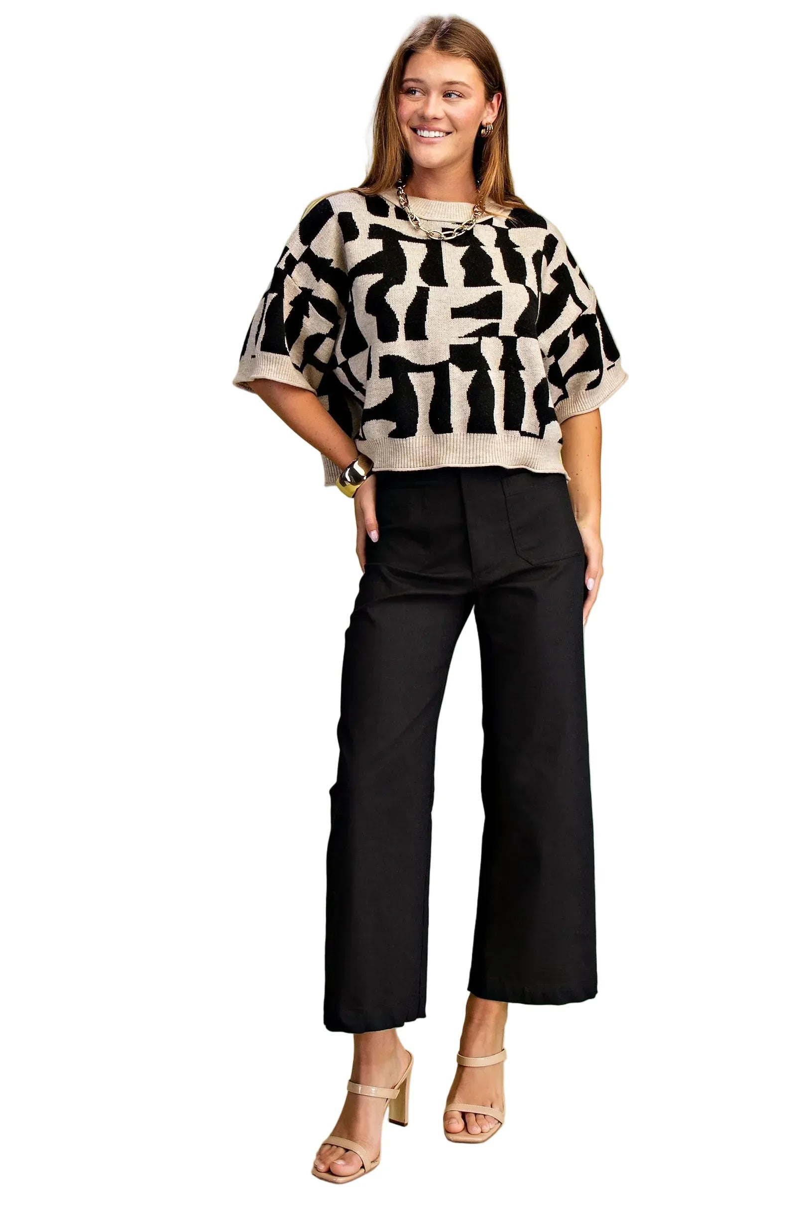 Women's Gigio Black and Cream Short Sleeve Geometric Print Sweater TE1446