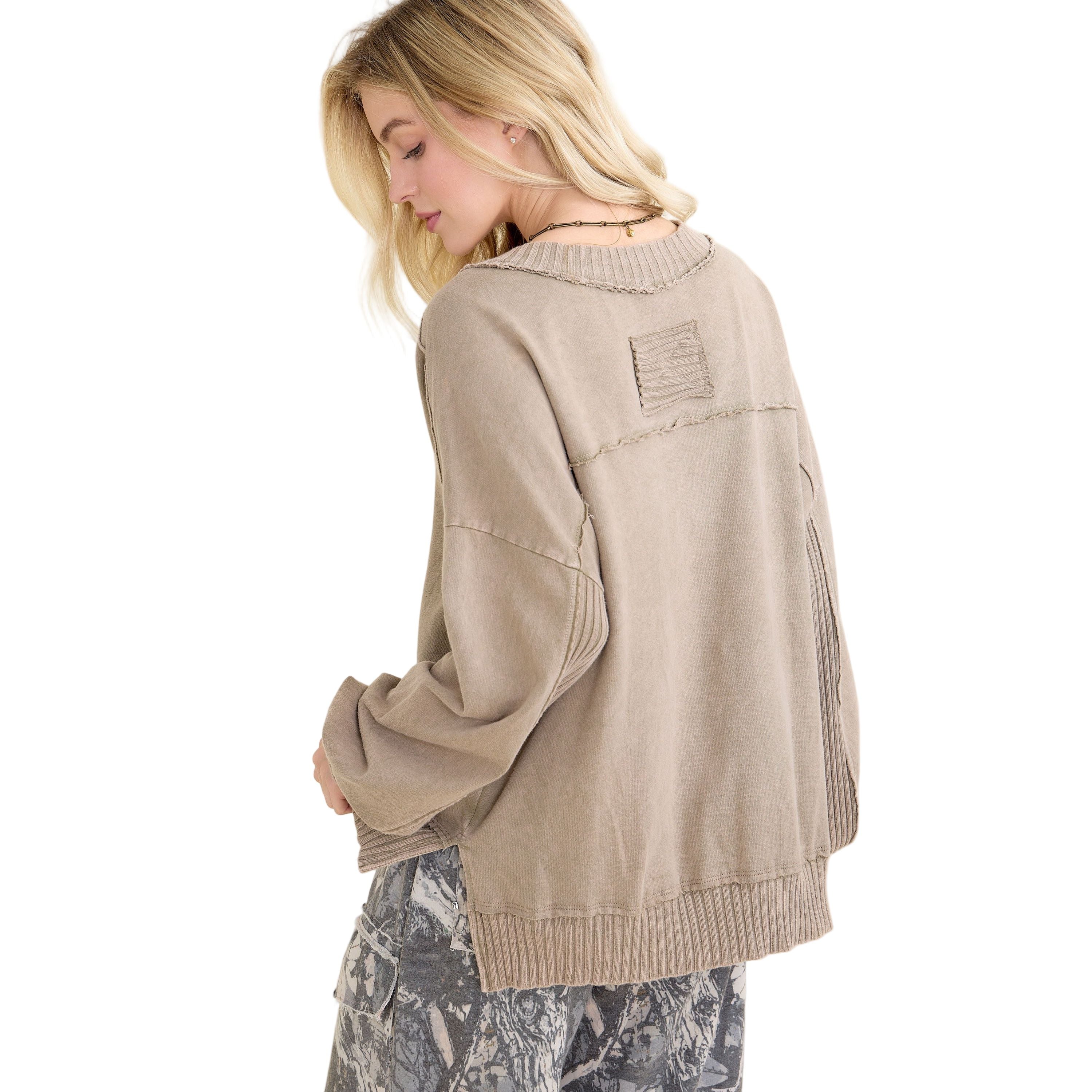 Women's Mineral washed Ribbed V-neck Terry Sweatshirt HT6911