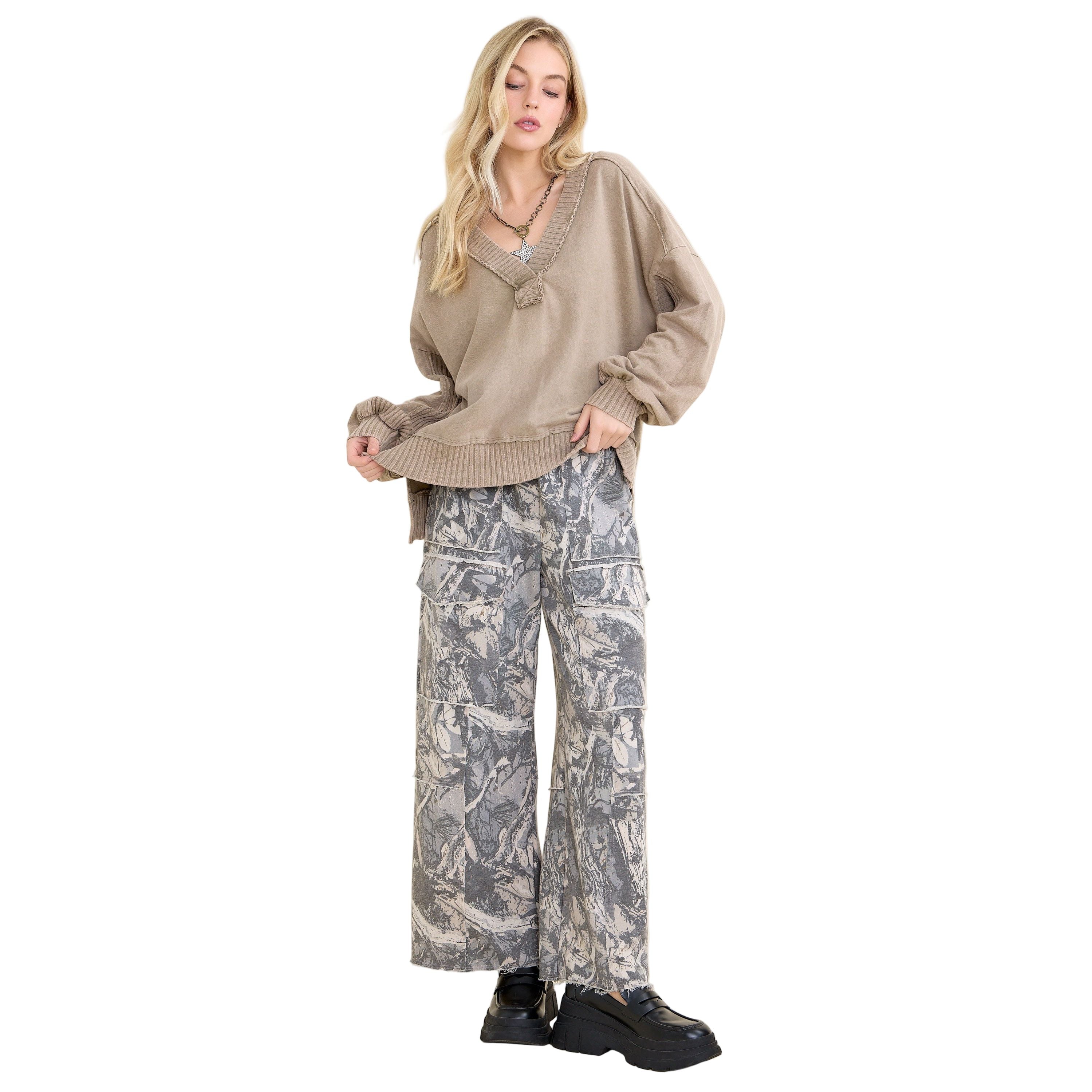 Women's Mineral washed Ribbed V-neck Terry Sweatshirt HT6911