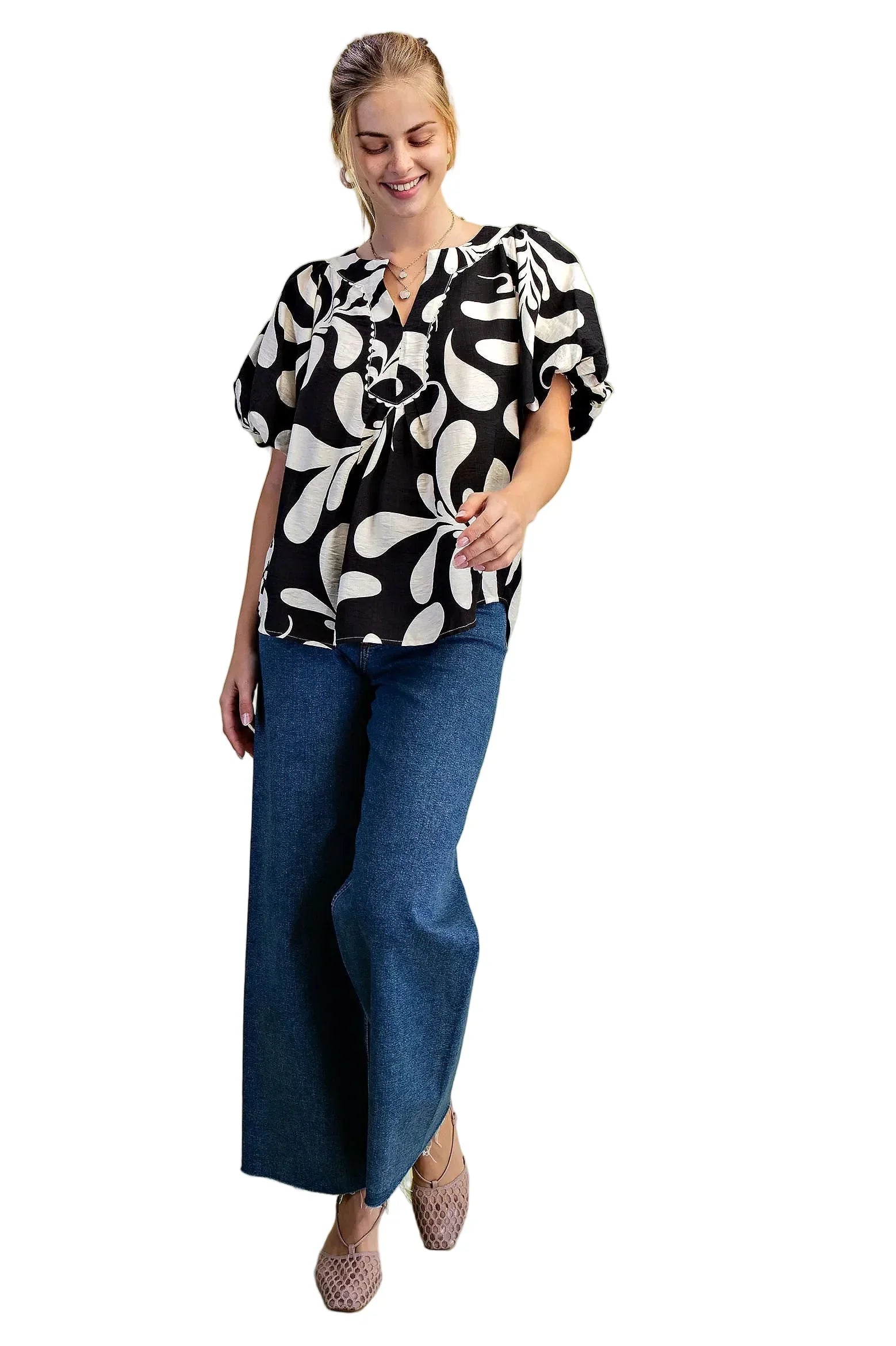 Women's Gigio Olive Or Black Mix Printed Slit Neck Top
