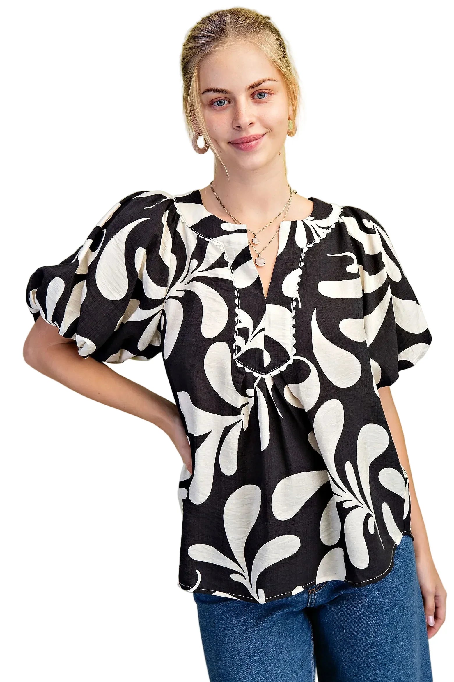 Women's Gigio Olive Or Black Mix Printed Slit Neck Top