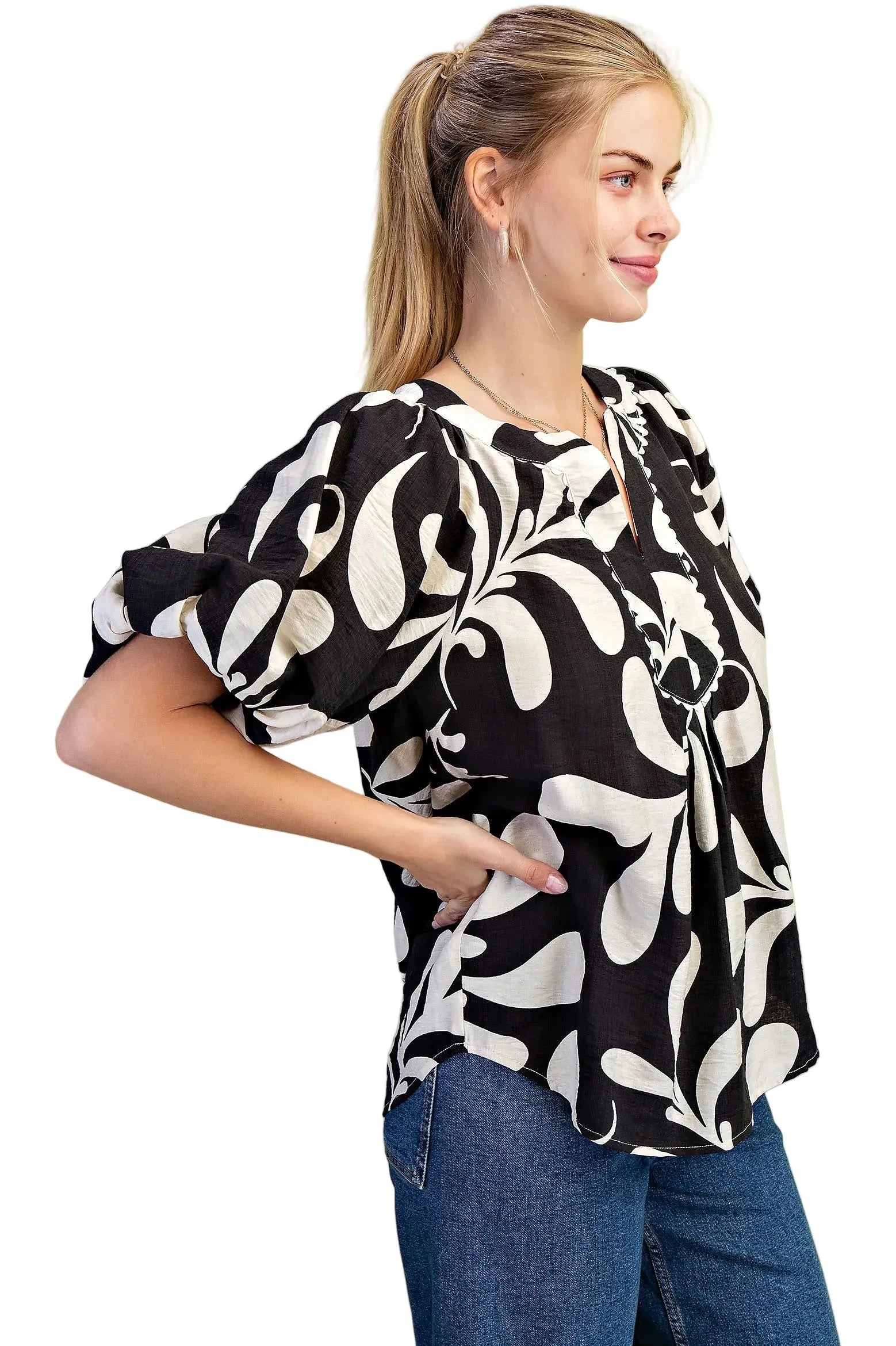 Women's Gigio Olive Or Black Mix Printed Slit Neck Top