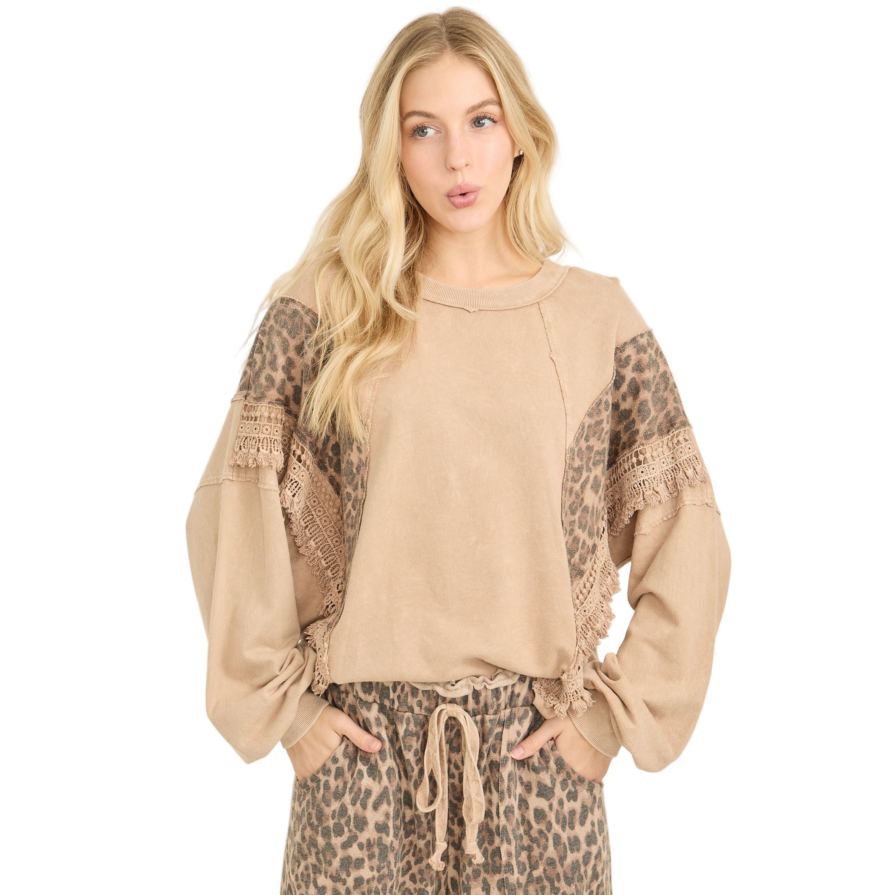 Mineral Washed Cheetah Leopard Fringe Tassel Top