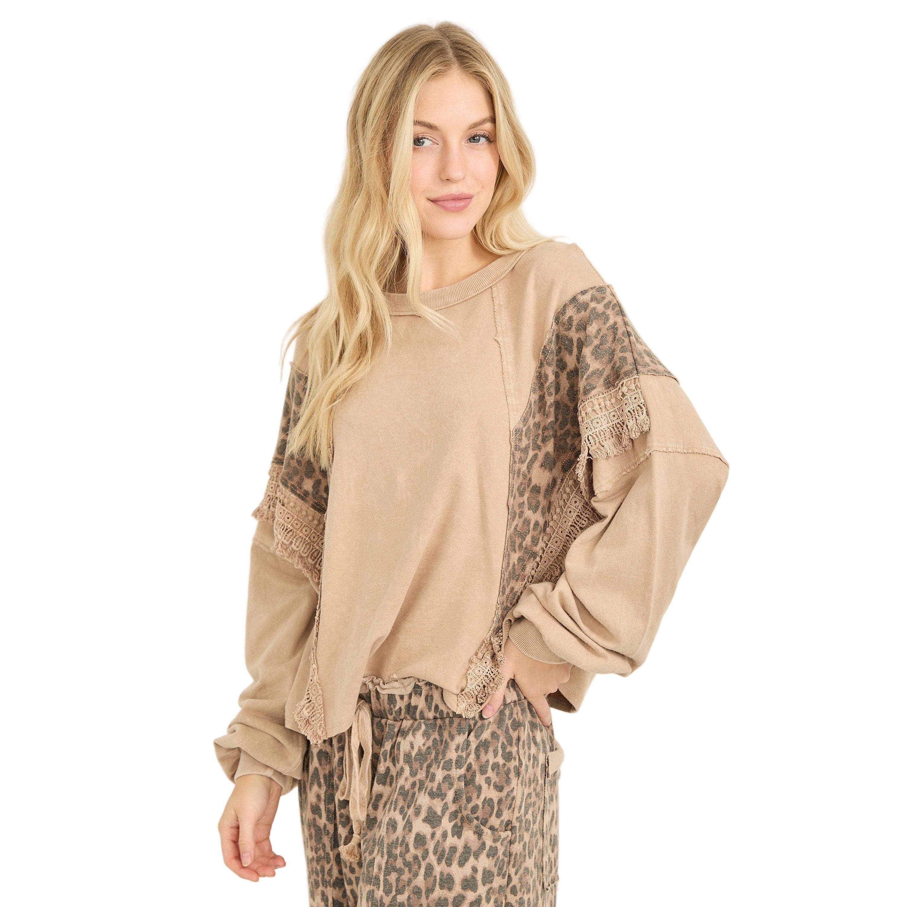Mineral Washed Cheetah Leopard Fringe Tassel Top