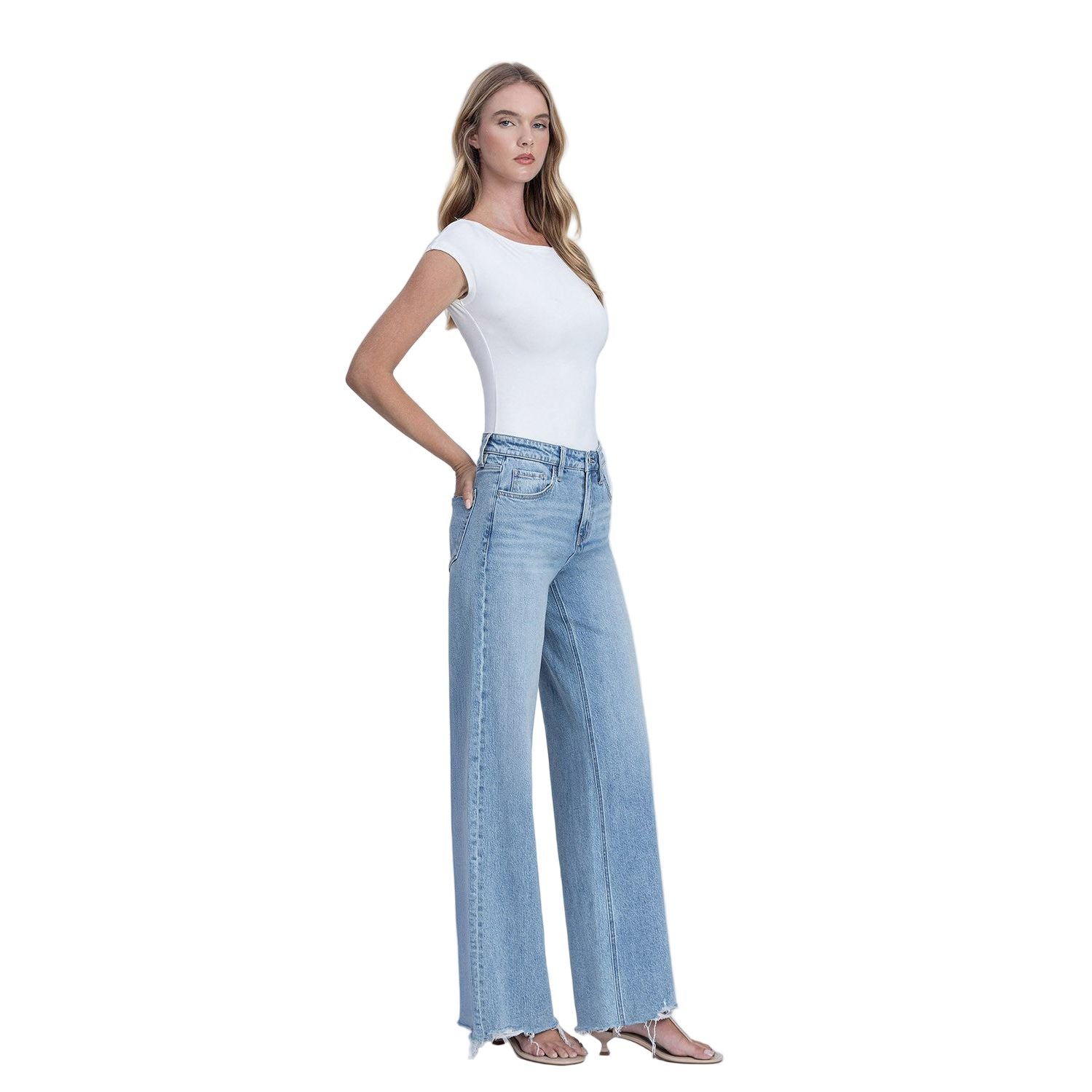 Women's Flying Monkey High Rise Medium Light Wash Raw Hem Wide Jeans F9053