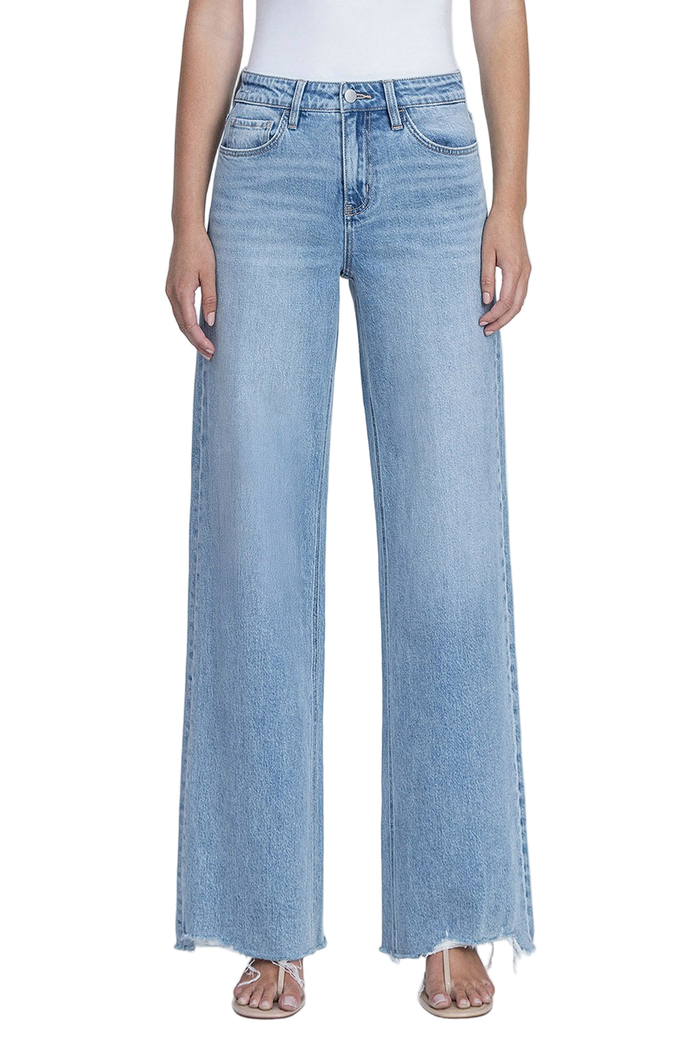 Women's Flying Monkey High Rise Medium Light Wash Raw Hem Wide Jeans F9053