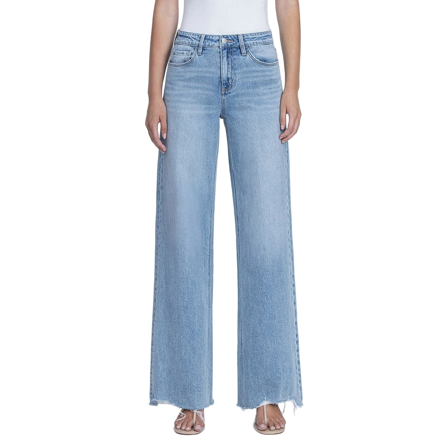 Women's Flying Monkey High Rise Medium Light Wash Raw Hem Wide Jeans F9053