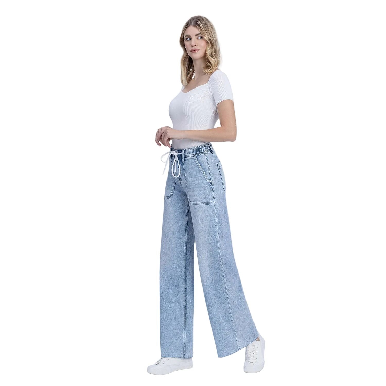 Women's Flying Monkey High Rise Drawstring Waistband Wide Leg Jeans F6065