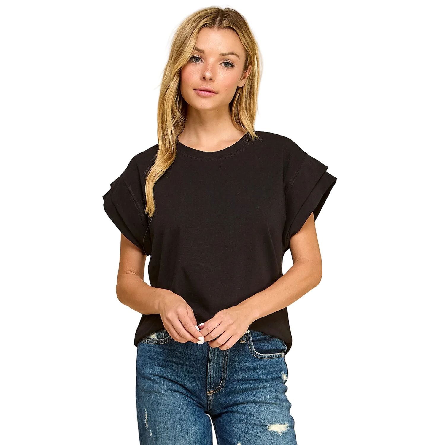 Women's Cotton Spandex Cuffed Sleeve Top T1827